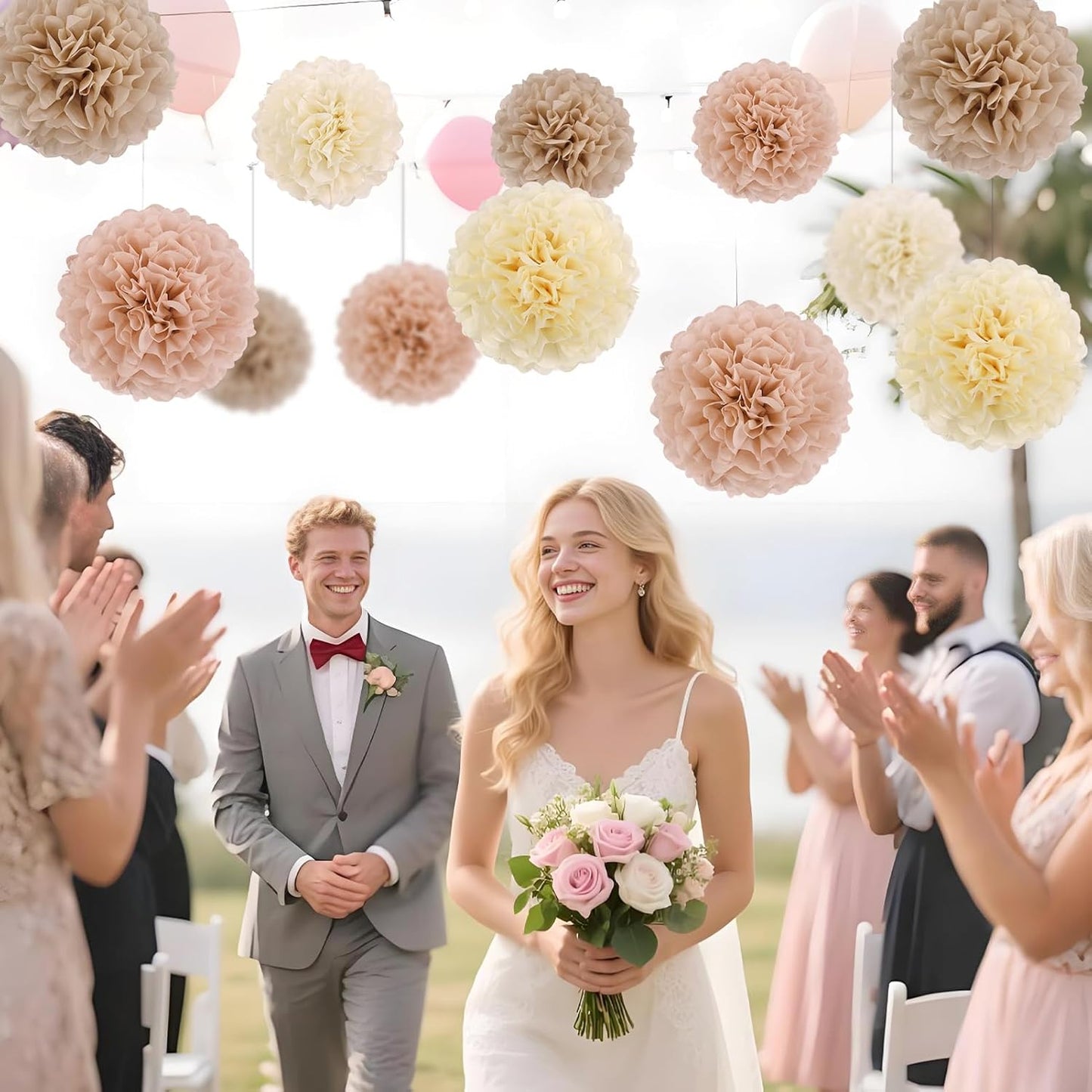 EASY JOY Boho Tissue Pom Poms Paper Flowers Hanging Decorations Brown Beige Party Decor for Bridal Shower Decorations Autumn Home Decor Baby Shower Wedding Nursery Birthday Backdrop 15PCS