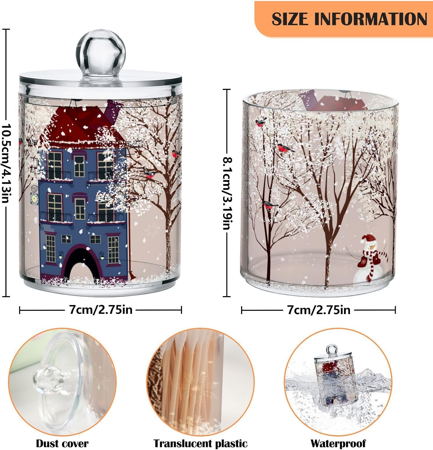 Christmas Winter Qtip Holder Dispenser 4 Pack Snowmen Snow Courtyard with Trees Apothecary Jars with Lids Bathroom Vanity Countertop Canister Storage Organizer for Cotton Ball,Swabs,Pads,Floss