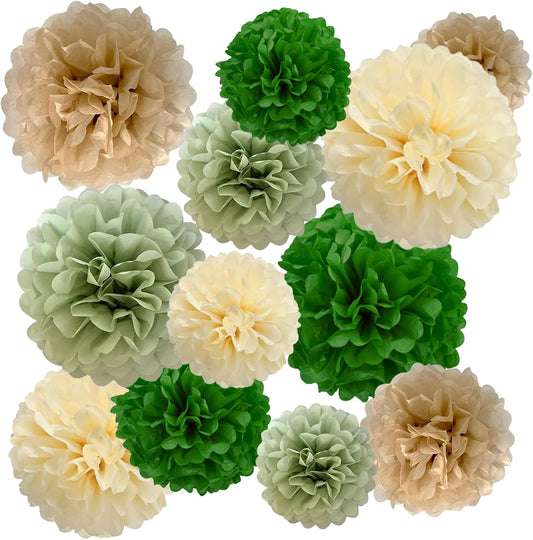 ZOOYOO Green Cream Paper Pom, White Green Party Decoration, Sage White Tissue Paper Pom Decorations for Engagement, Bachelorette, Bridal Shower, Birthday, Anniversary - 12PCS