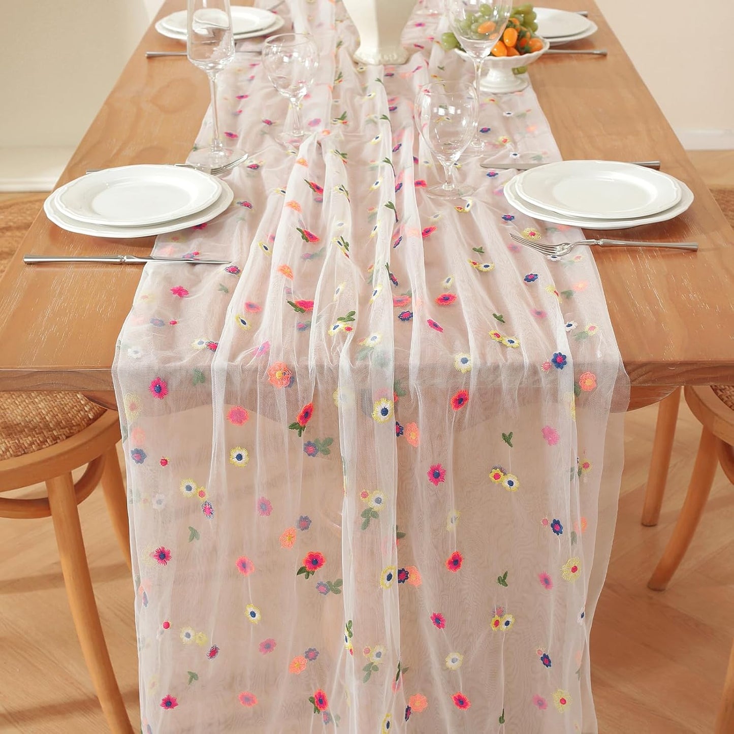 White Embroidery Daisy Fall Table Runner 120Inch 10FT Florals Soft Sheer Tulle Fabric Table Runner for Home Decor, Brithday, Wedding, Baby Shower ,Holiday ,Parties, DIY Craft,3PC