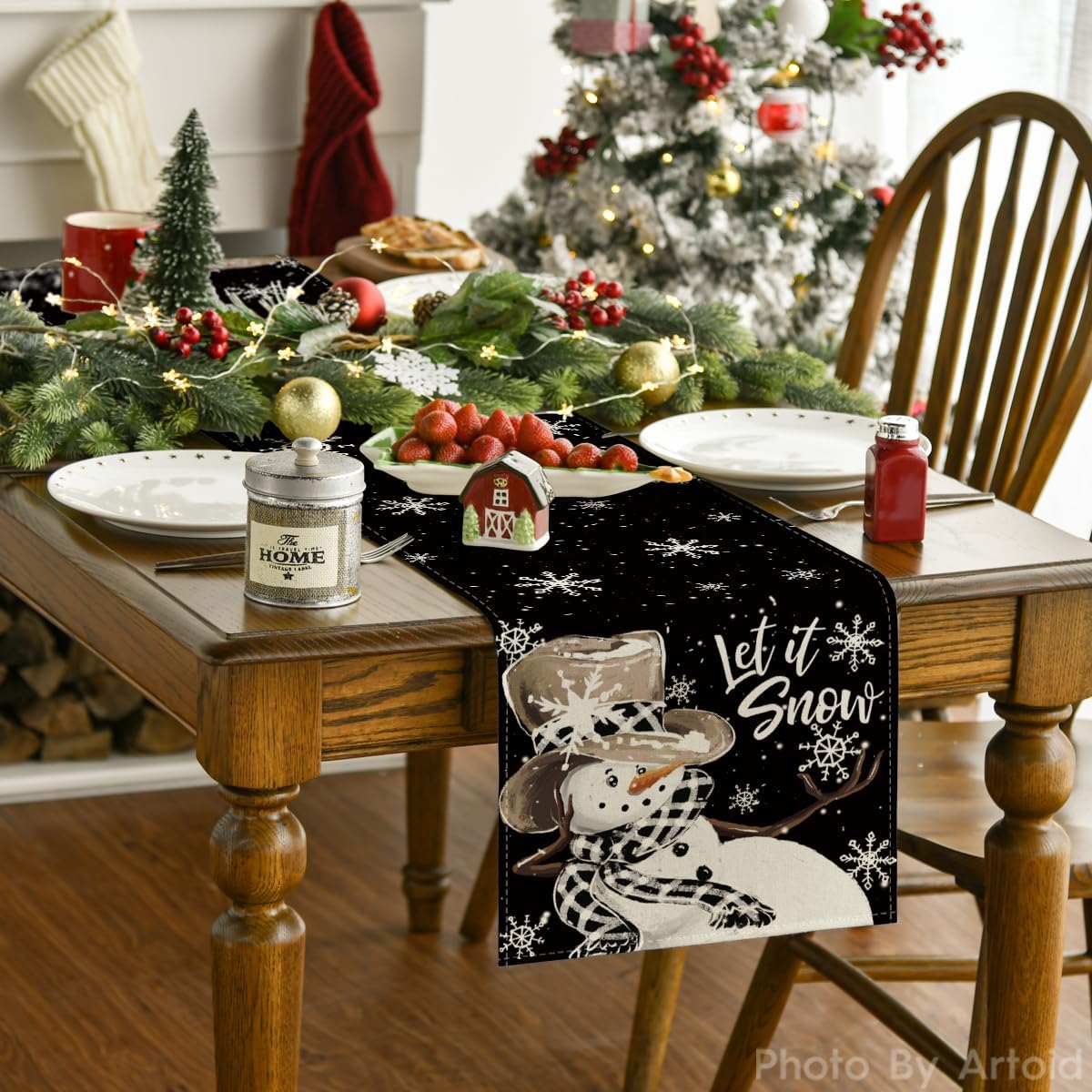 Artoid Mode Black Snowman Snowflake Let it Snow Winter Table Runner, Christmas Kitchen Dining Table Decoration for Home Party Decor 13x120 Inch