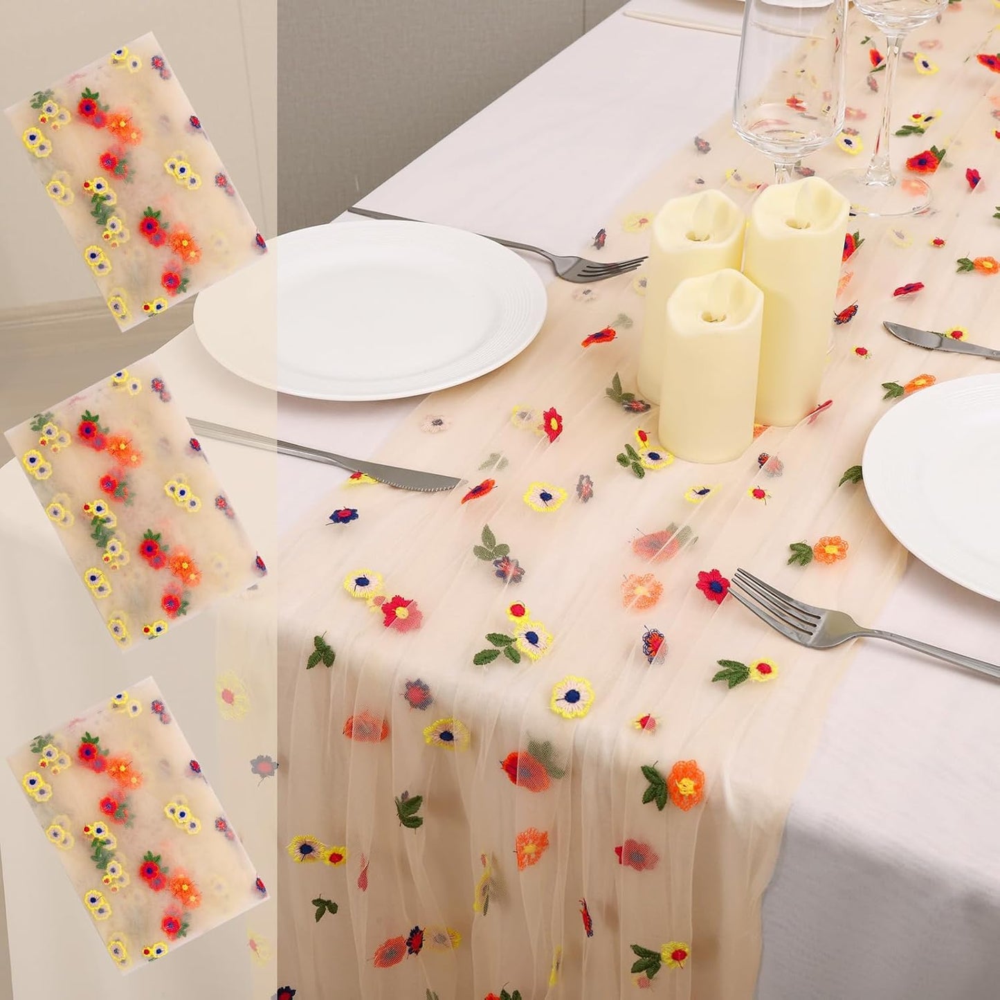3PCS Champagne Floral Table Runner 10 FT, Embroidery Daisy Table Runners Seasonal Sheer Tulle Table Runner for Thanksgiving Wedding Birthday Baby Shower Party ﻿