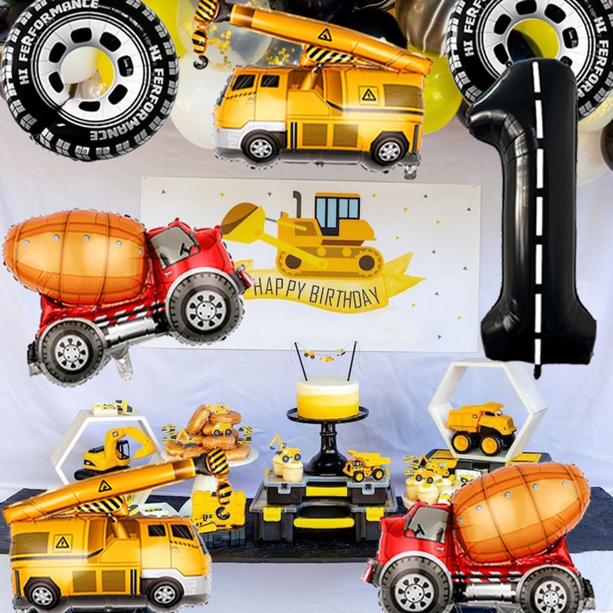 1st Birthday Decorations for Boys Construction Balloons 40inch Number 1 Balloons Truck Foil Balloon for Construction Birthday Party Decorations Supplies