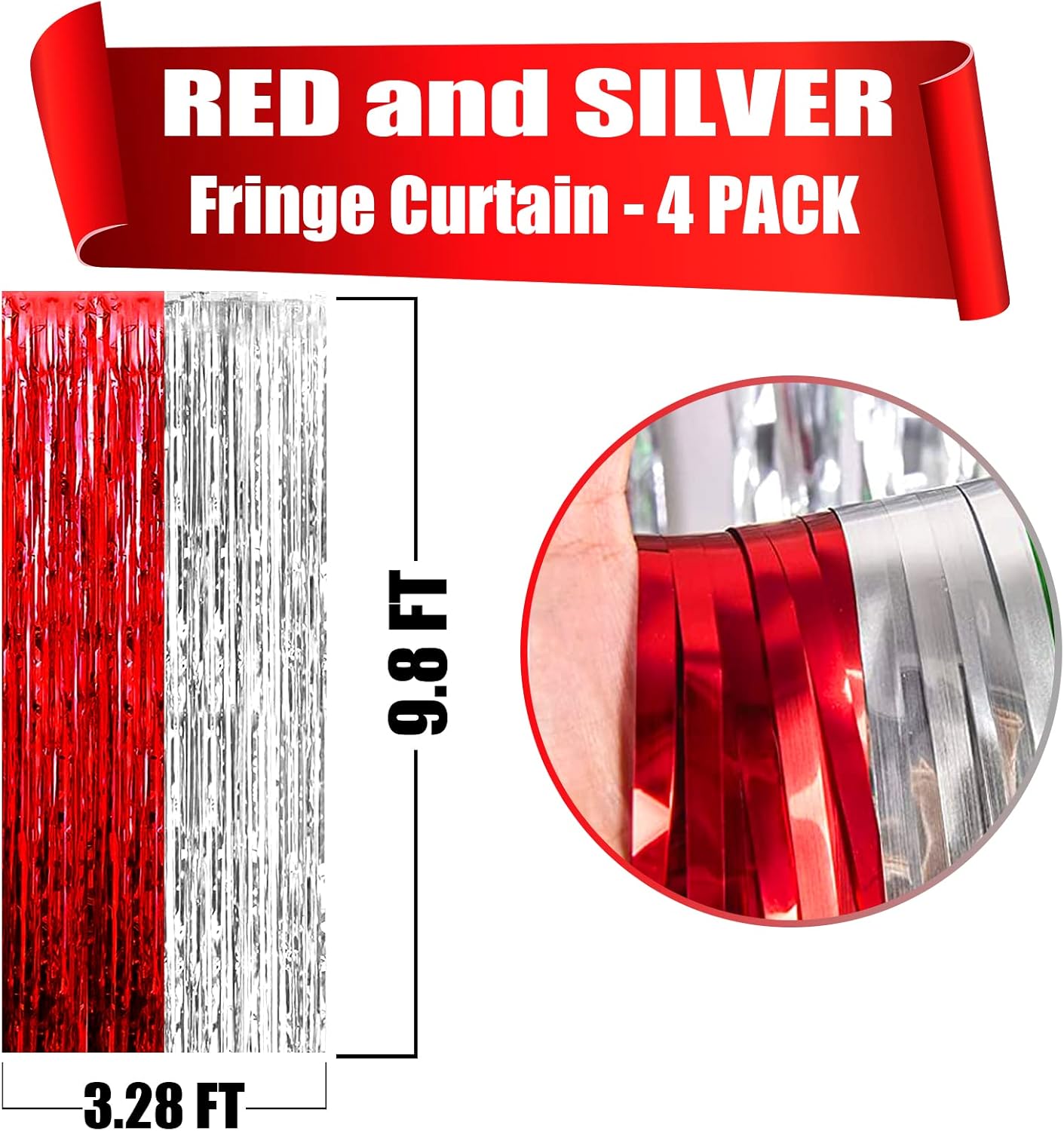 4 Pack Silver Red Foil Fringe Curtain Backdrop, 3.28Ft x 9.8Ft Metallic Tinsel Foil Fringe Streamers Curtains for Photo Booth, Wedding, Circus Welcome Carnival Birthday Party Decoration