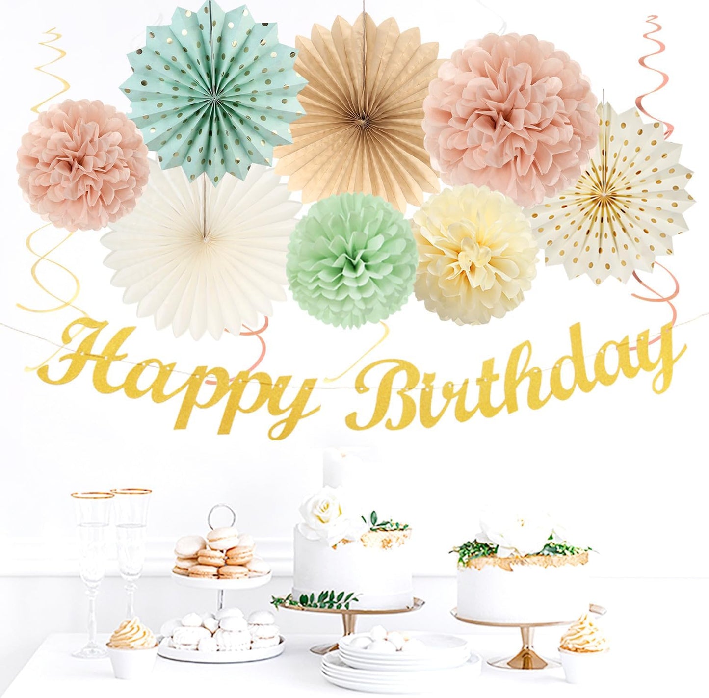 Sage-Green Blush-Pink Beige Birthday Party-Decorations - 21pcs Happy Banner,Cream Light Dusty Pink Paper Lanterns Pom Poms,Rustic Boho Neutral Streamers Garland,Women Girls Decor Supplies Huglony