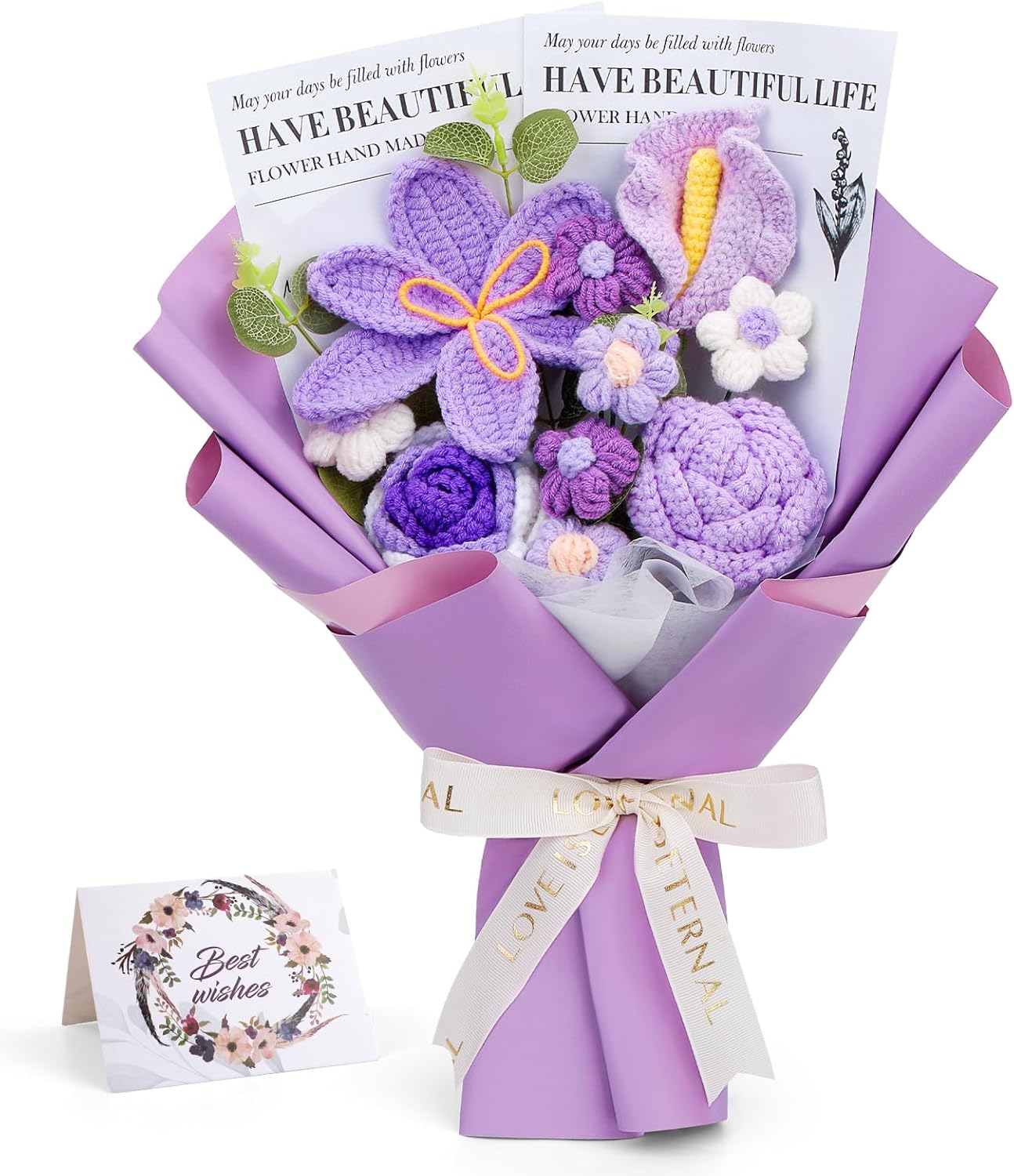 Crochet Flowers Bouquet, Handmade Knitting Crochet Flowers, Tulips Flower and Calla Lily Bouquet for Birthday, Teacher’s Day, Graduation, Valentines (Purple)