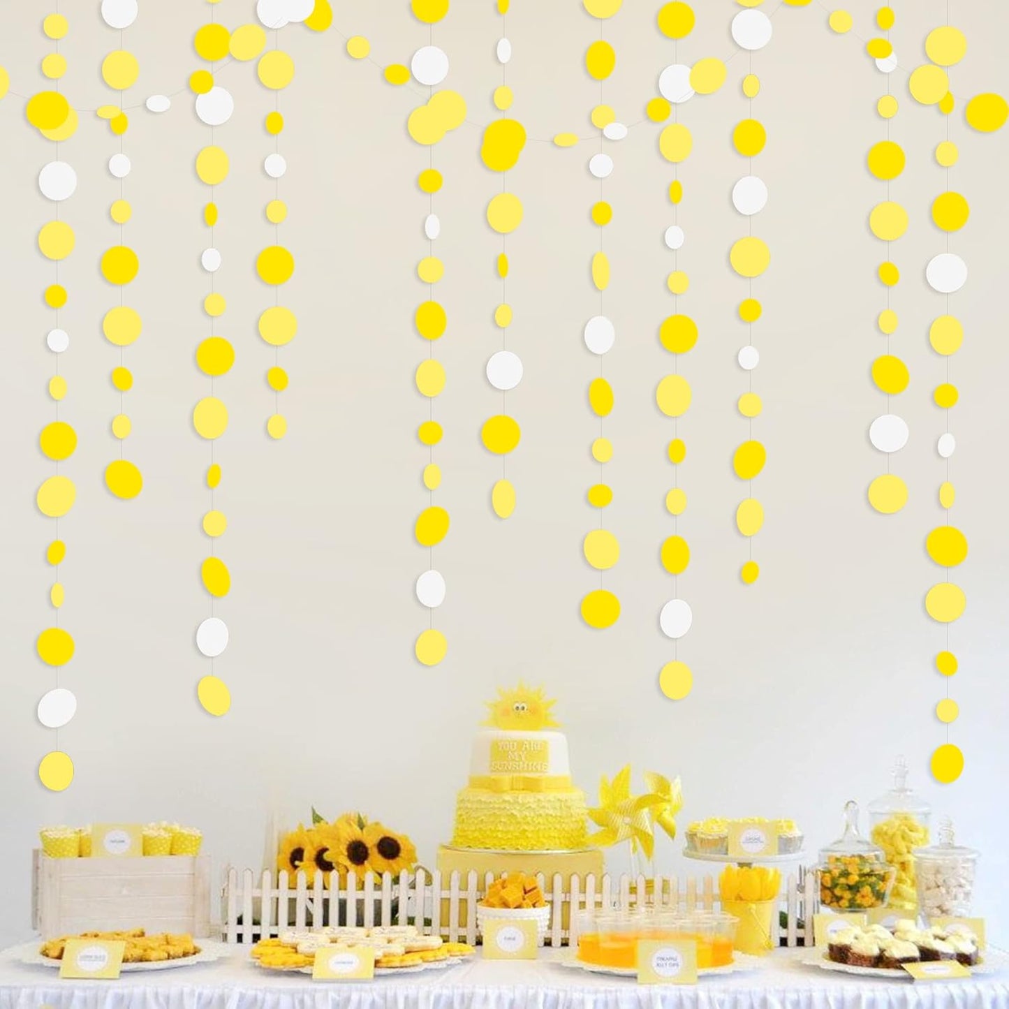 46 Ft Yellow White Circle Dots Garland Gradient Yellow Polka Dot Hanging Paper Streamer for Wedding Bridal Shower Birthday Baby Shower Engagement Bee Sunflower Lemon Theme Party Decorations Supplies