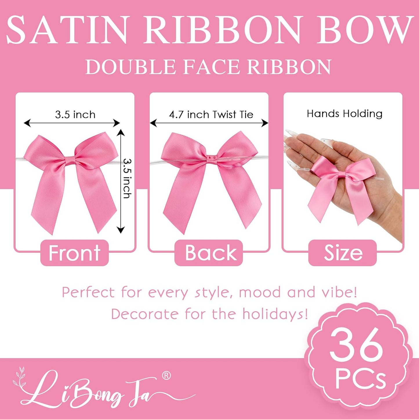 3.5" Hot Pink Bow Satin Pre-Tied Bows for Gift Wrapping, Small Bows for Crafts, Premade Bows, Candy Apple Bows, Twist Tie Bows for Cake Decorating, Party Favor, Wedding Decoration-36 Counts