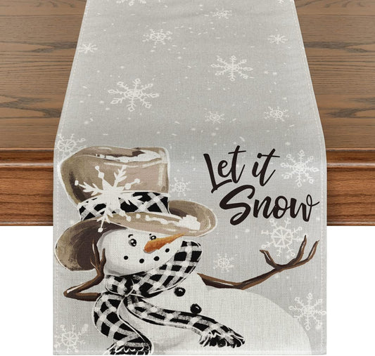 Artoid Mode Grey Snowman Snowflake Let it Snow Christmas Table Runner, Seasonal Winter Kitchen Dining Table Decor for Home Party Indoor 13x108 Inch