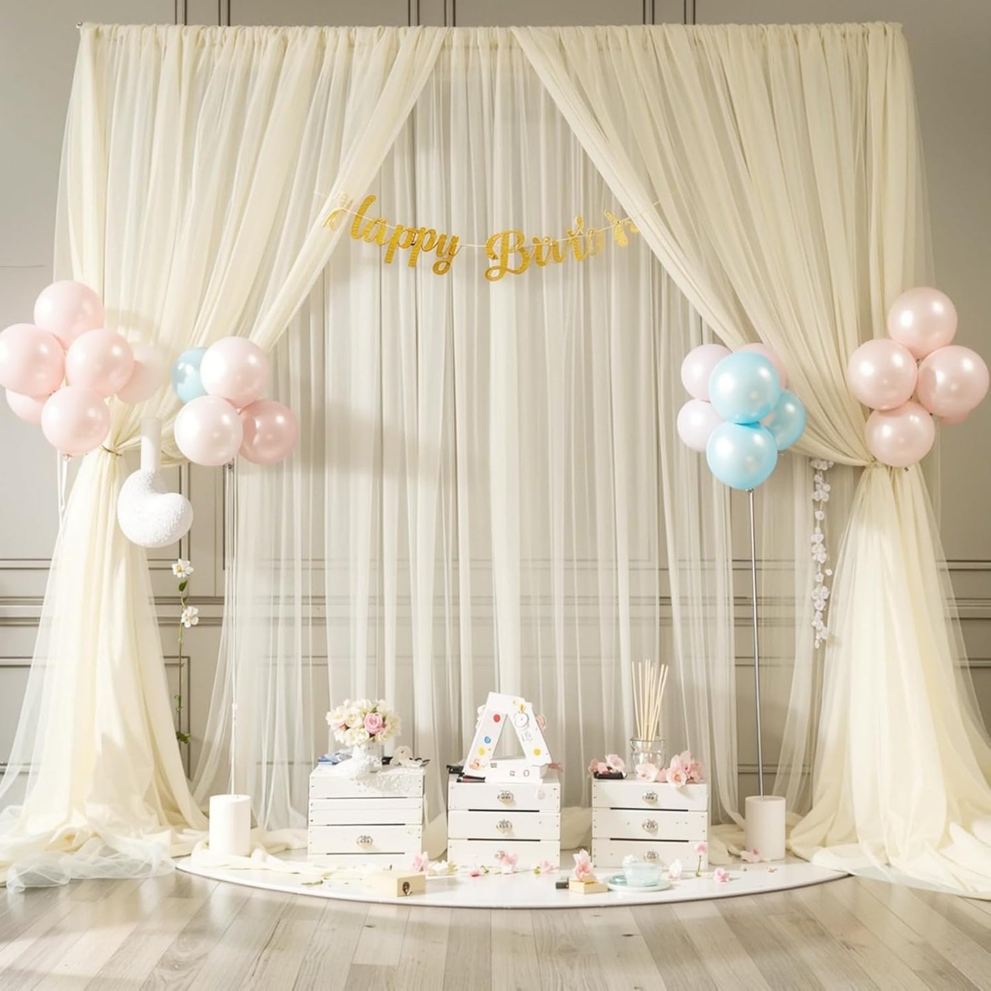 Ivory Tulle Backdrop Curtain for Wedding Parties 10ft x 10ft Sheer Backdrop Curtains for Bridal Shower Birthday Baby Shower Photo Shoot Background Decorations 2 Panels 5ft x 10ft