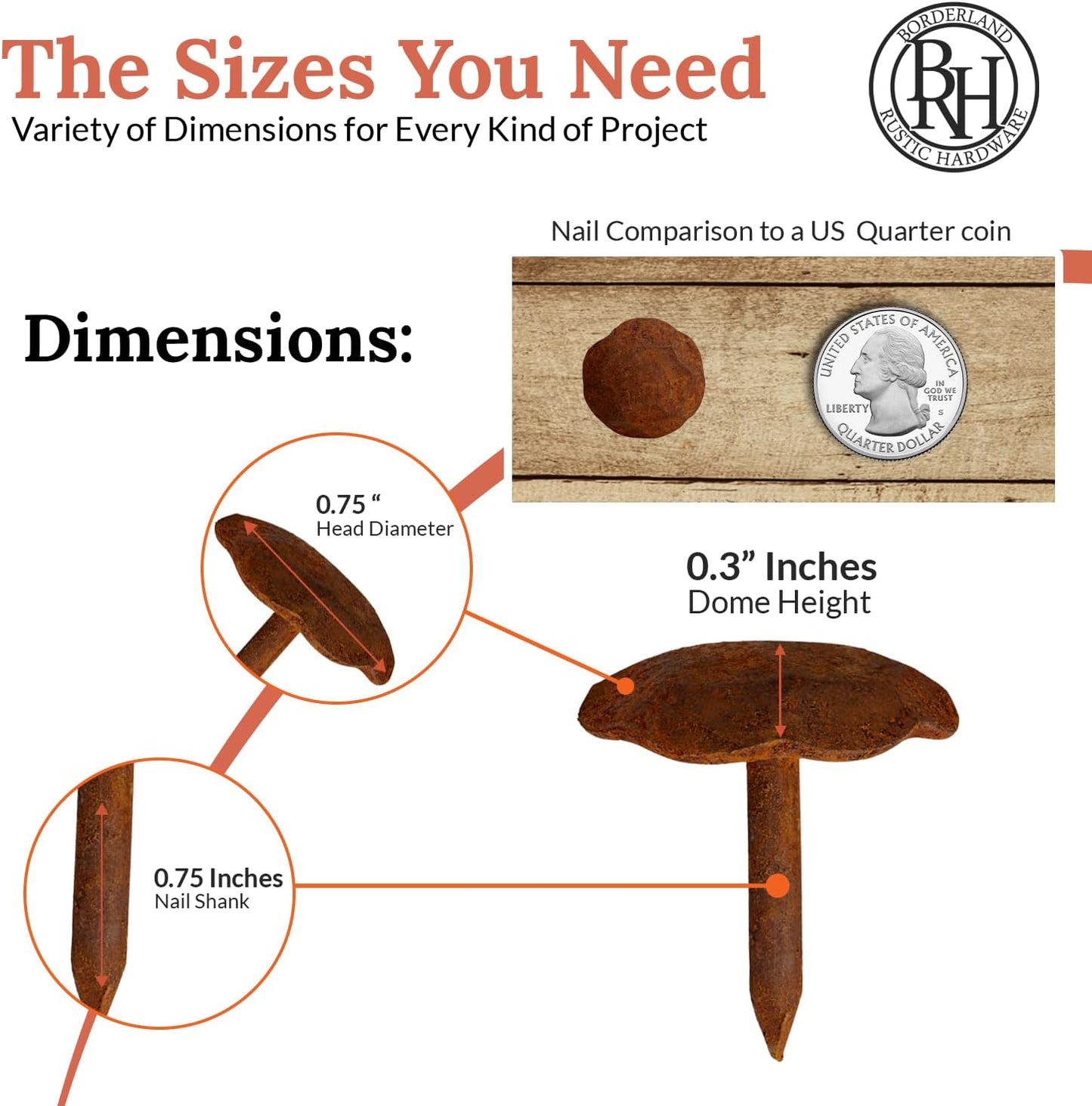 10 Pack 0.75" Round Head Iron Clavos Decorative Nails – Rusted – Handmade Rustic Round Fasteners for Farmhouse Shutters, Faux Wood Beams, Barn Doors, Shutters, Gates – Ornamental Wood Accent