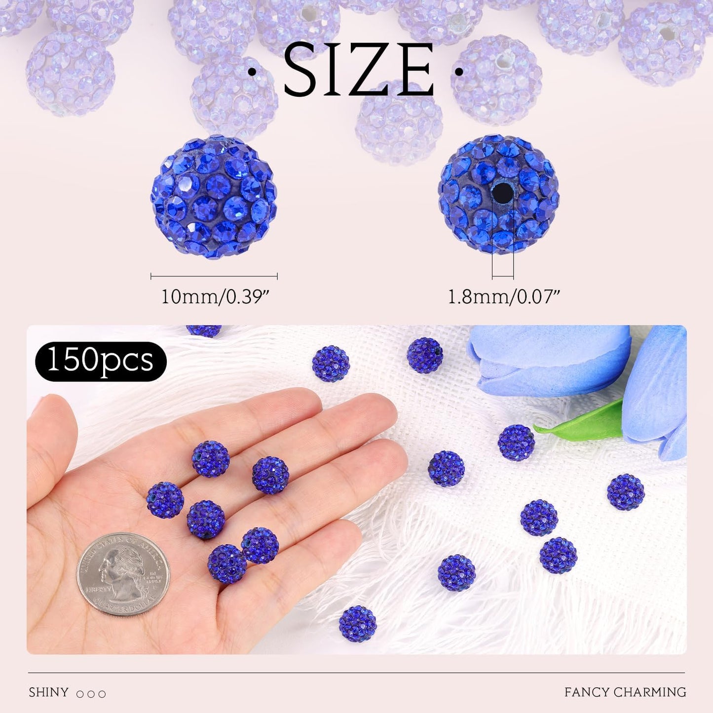 150 pcs 10mm Rhinestone Beads for Jewelry Making, Dark Blue Shiny Round Shamballa Disco Beads Bulk, Sparkle Crystal Clay Christmas for Bracelet Baseball Necklace Earring Crafting and DIY