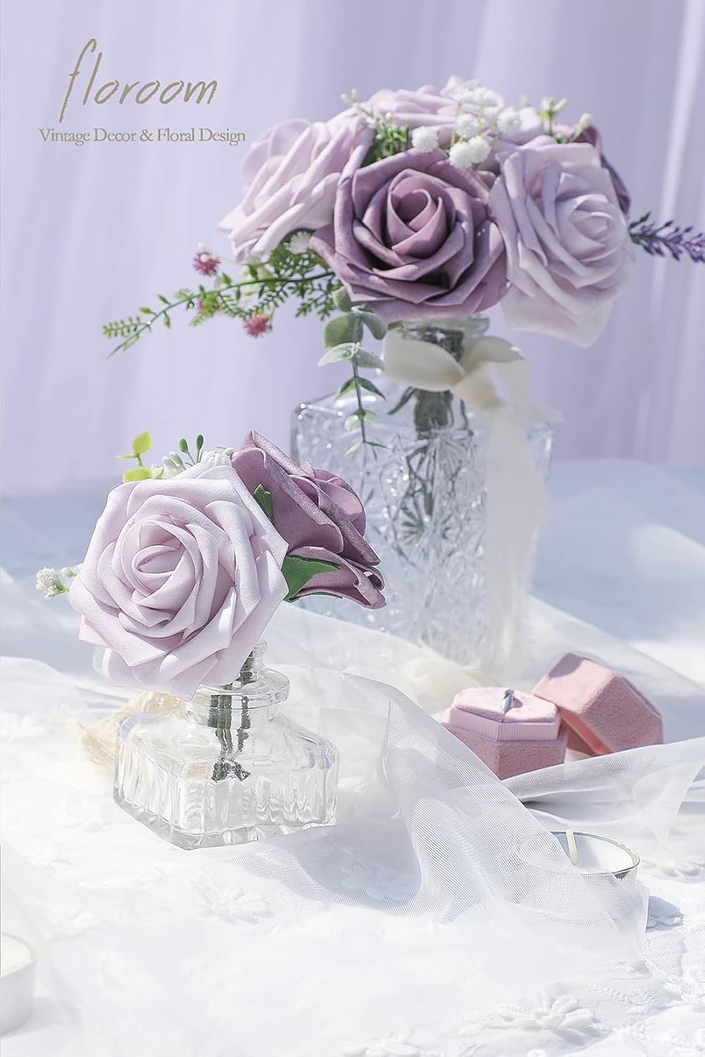 Floroom Artificial Flowers 50pcs Real Looking Lavender African Violet Purple Foam Fake Roses with Stems for DIY Wedding Bouquets Bridal Shower Centerpieces Floral Arrangements Party Tables Decorations