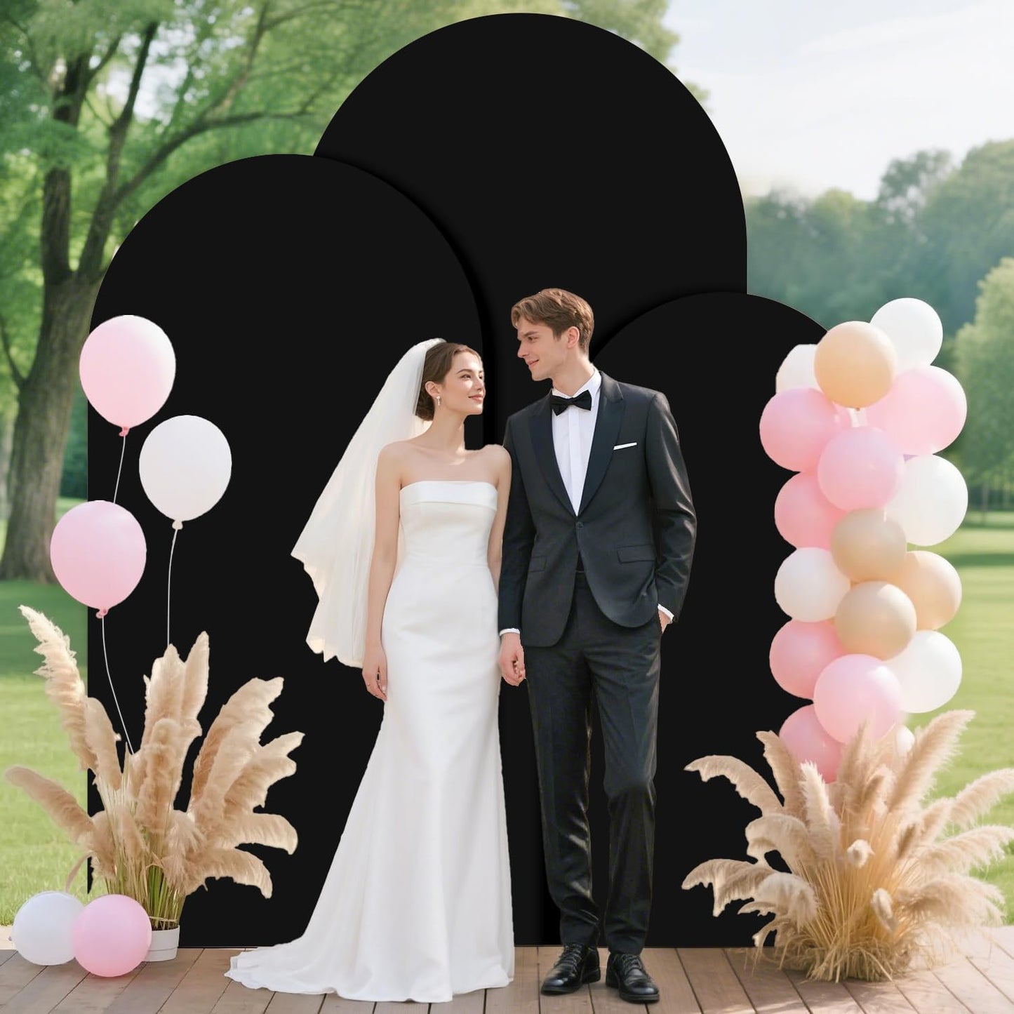 FUHSY Metal Arch Backdrop Stand and Cover Set 6FT, 6.6FT, 7.2FT Black Arch Cover Set of 3 Wedding Backdrop Arch Stands Chiara Arched Frame with Backdrop Covers for Birthday Party Baby Shower Decor