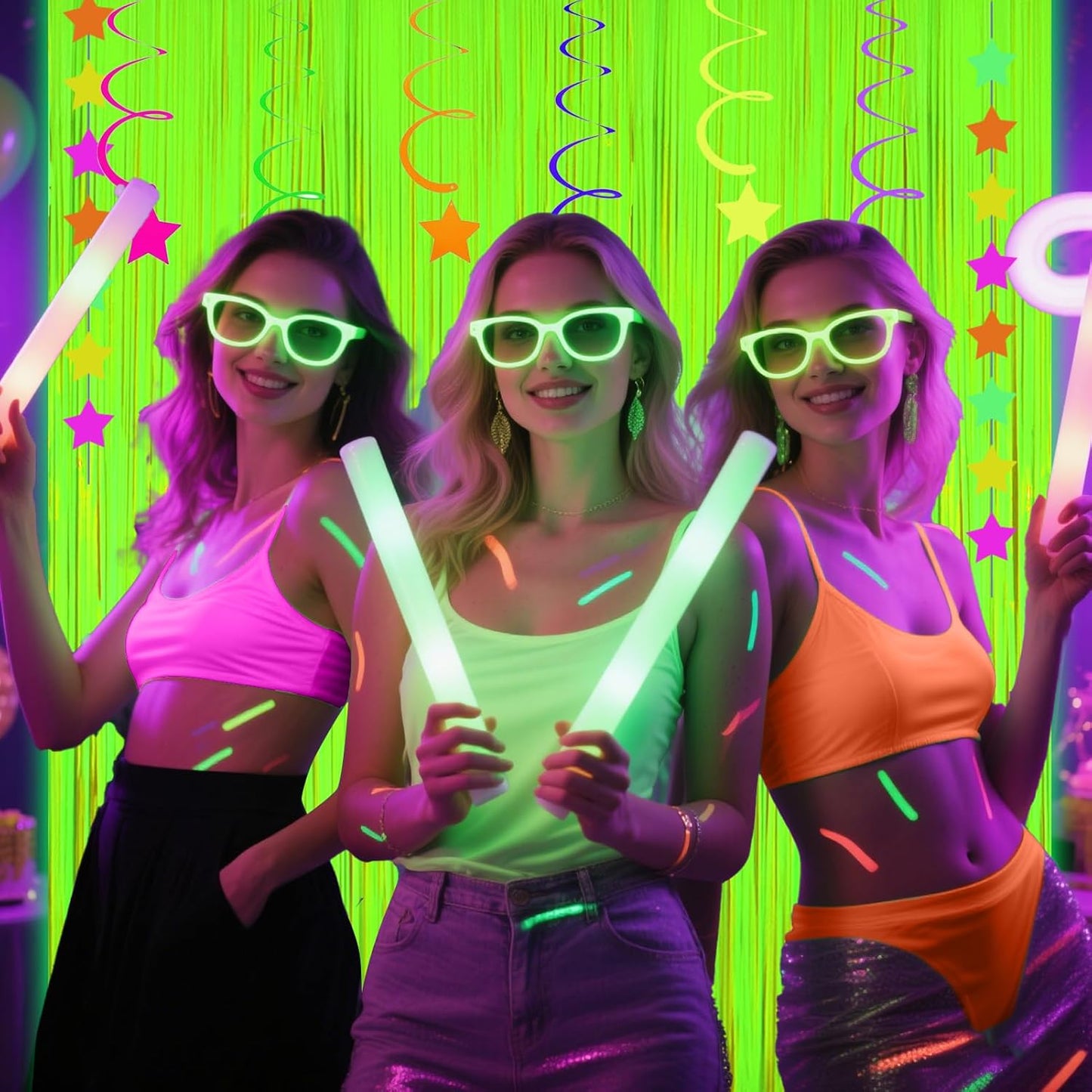 4 Packs Glow in The Dark Foil Fringe Curtain, Macaron Yellow Blacklight Reactive Fluorescent Tinsel Backdrop Neon Luminous Streamers for Birthday, Wedding, Neon Party, Glow Party Decorations Supplies