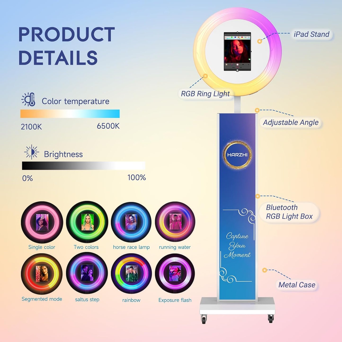 HARZHI Portable Photo Booth Compatible with Ipad, Large Lightbox Ipad Photo Booth for Christmas Wedding Party Provide ChackTok Software APP VIP, Free Custome Logo, Flight Case White