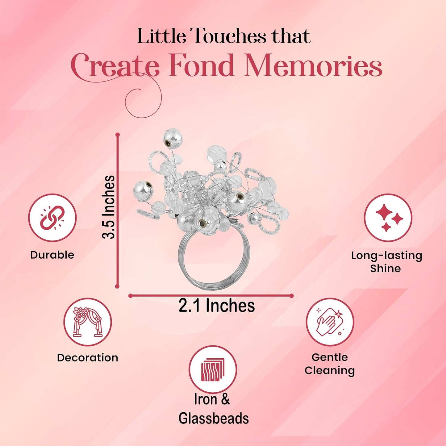 Decorative Napkin Ring Set of 12 - Handmade Glass Beads Napkin Holders for Table Setting Elegant Dining Accessory Round Heavy Duty Metal Frame Wedding & Party Table Décor (Silver) - CLEENTABLE