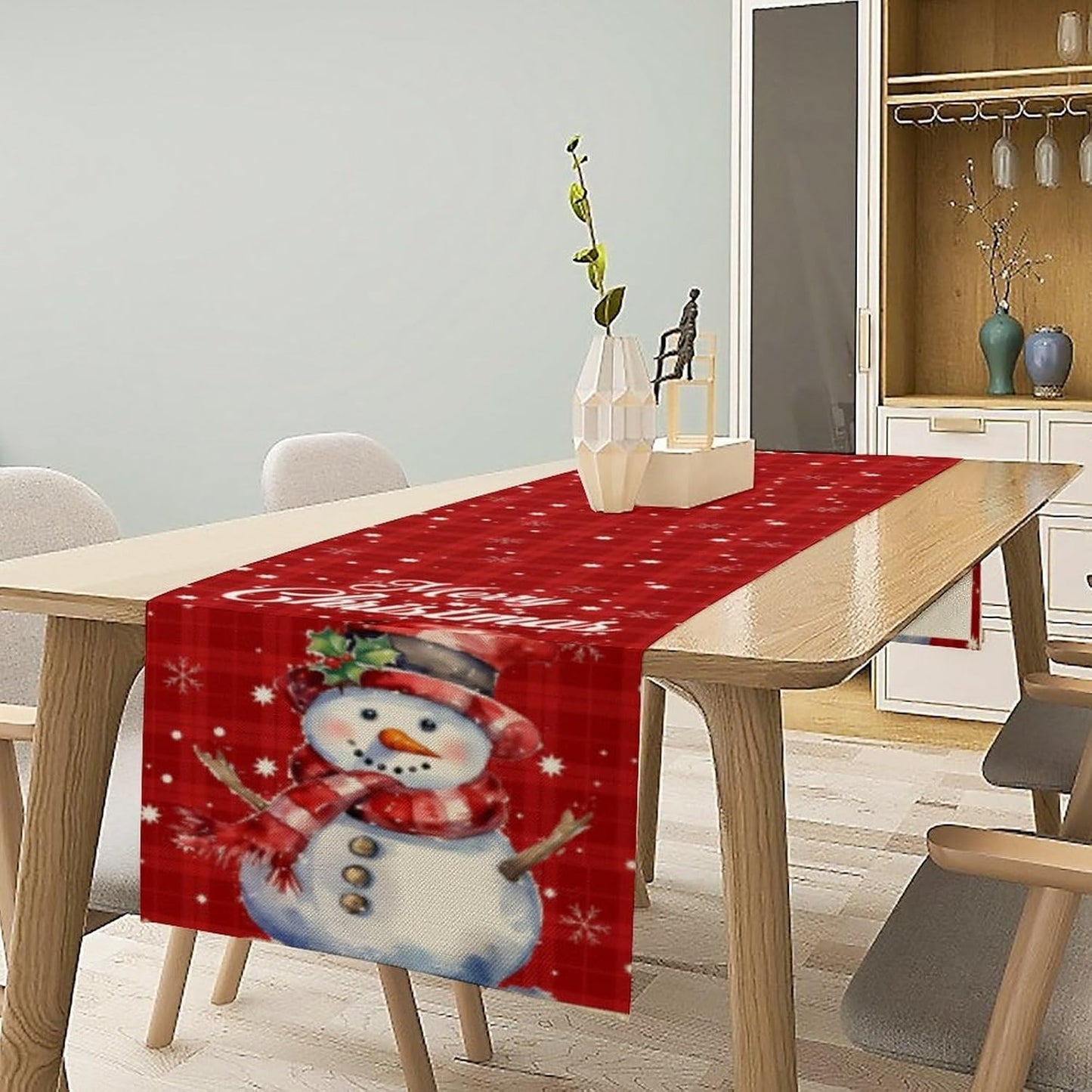 Christmas Table Runner,Christmas Snowman Snowflakes Winter Seasonal Table Cloth Kitchen Dining Table Decoration for Home Party Decor 13x108 Inch