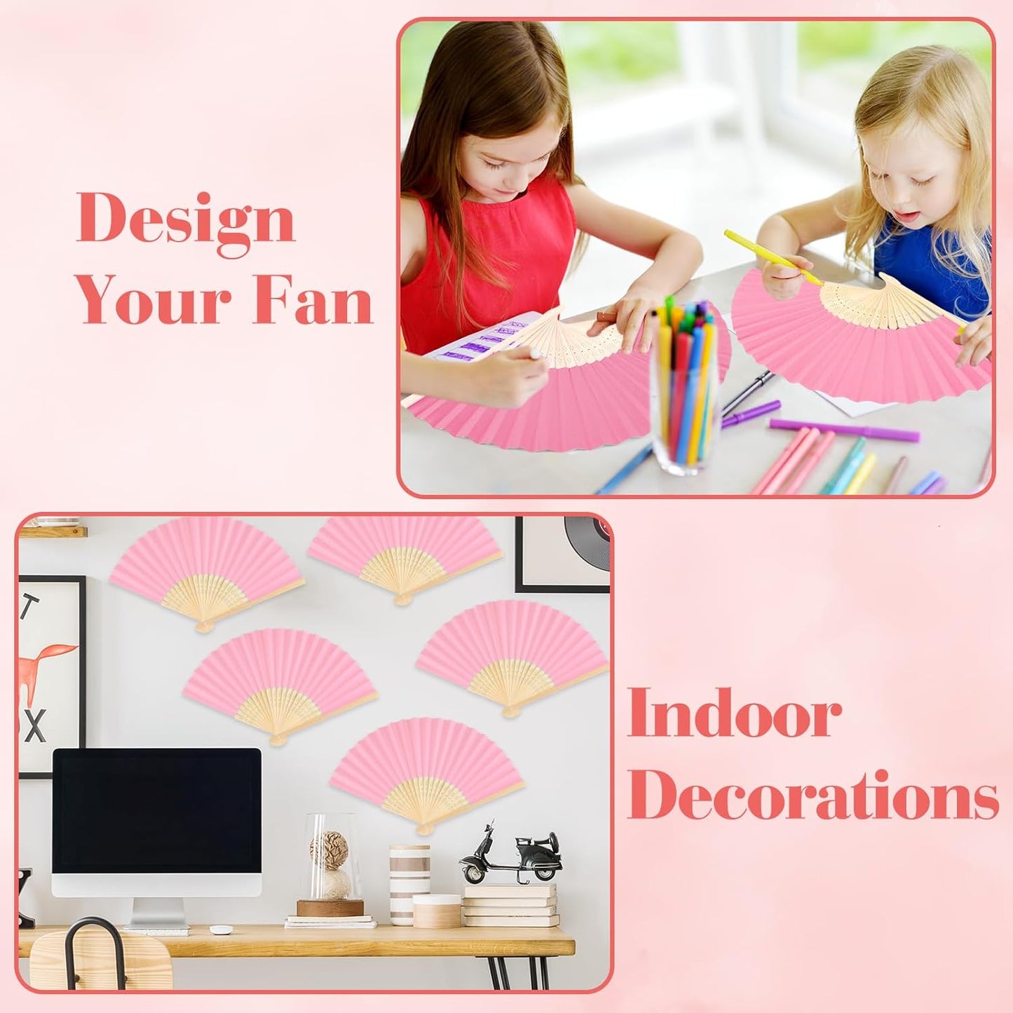 6 Pieces Pink Hand Held Bamboo Folding Fans Foldable Paper Fans Handheld for Women Girls Wedding DIY Decoration Church Home Party Favors Summer