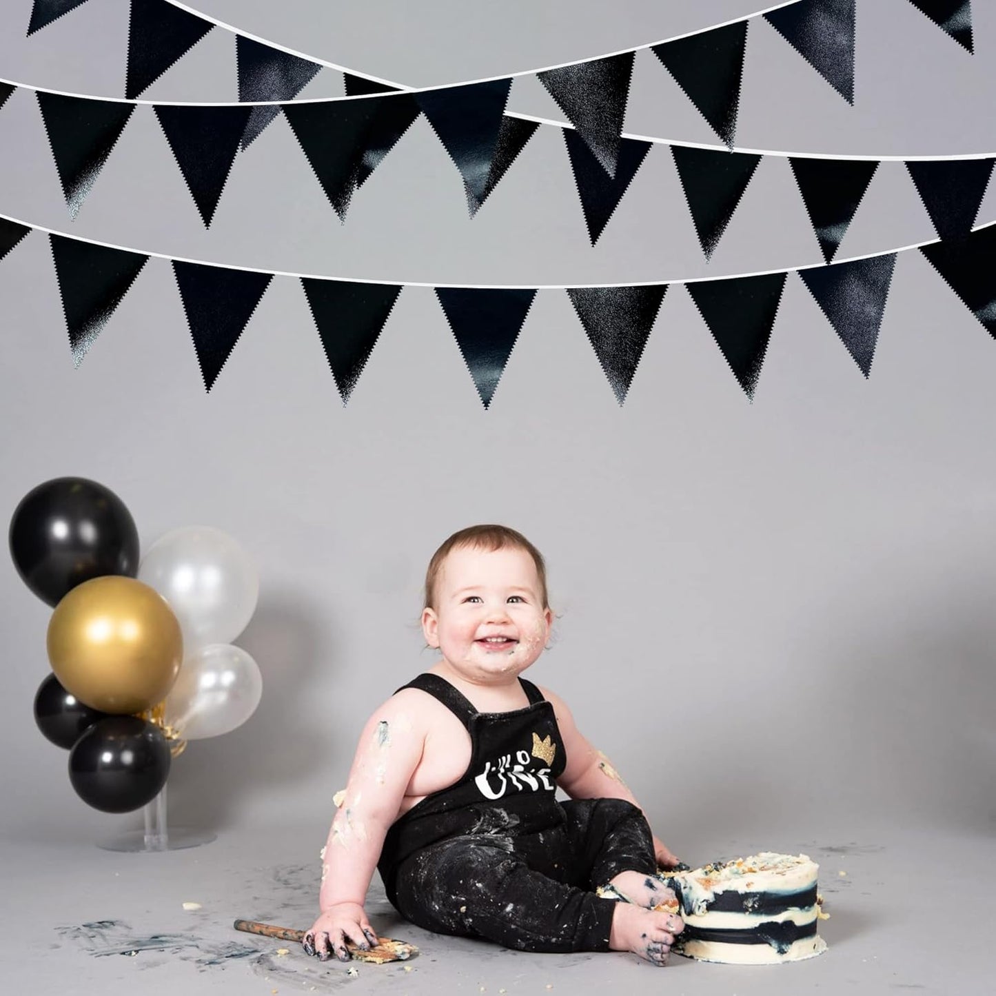 Black Party Decorations Triangle Pennant Banner Flag Black Metallic Fabric Bunting Garland for Graduation Birthday Wedding Engagement Bachelorette Holiday Halloween Celebration Hen Party Supplies