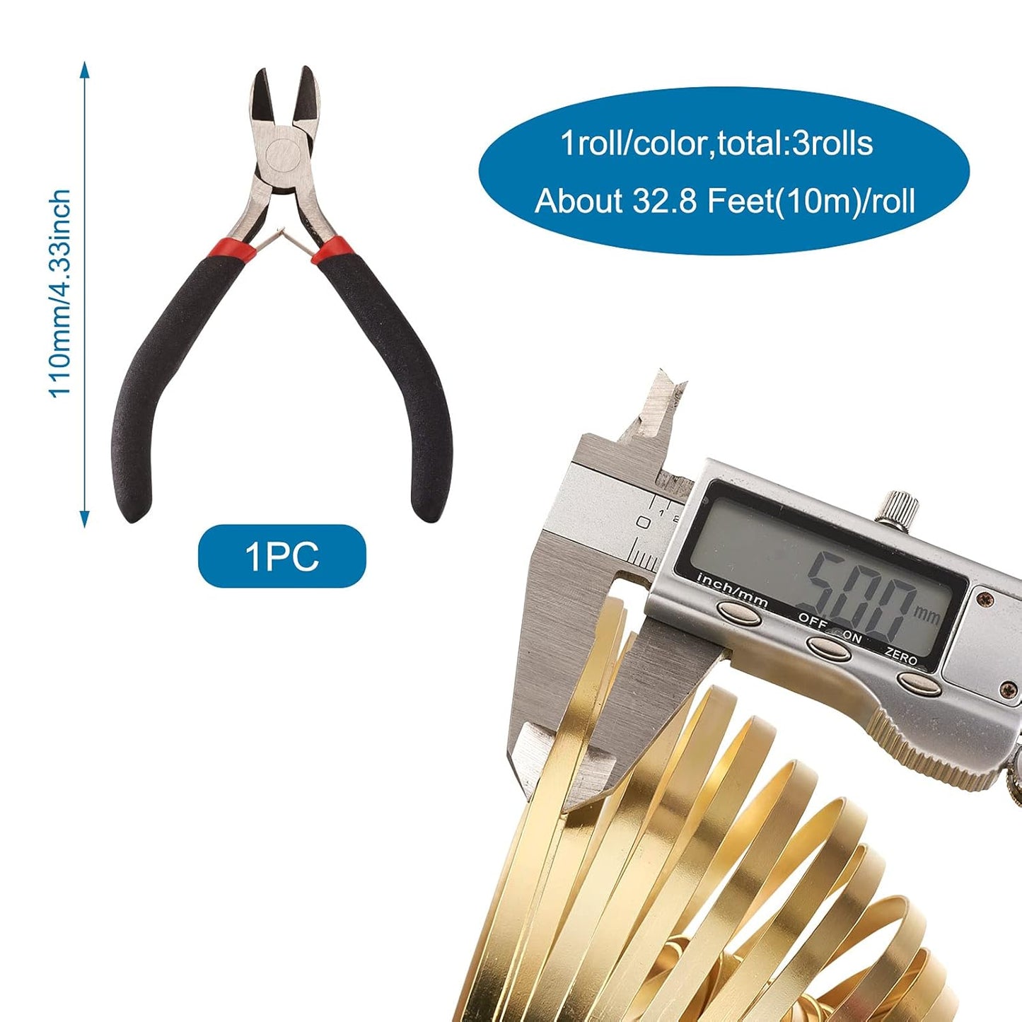 Fashewelry 98Ft 3 Colors Aluminum Flat Wire 5mm Wide Bendable Metal Craft Wire Strip 18 Gauge with Side Cutting Plier for Bezel Sculpting Armature Jewelry Making Gem Metal Wrap