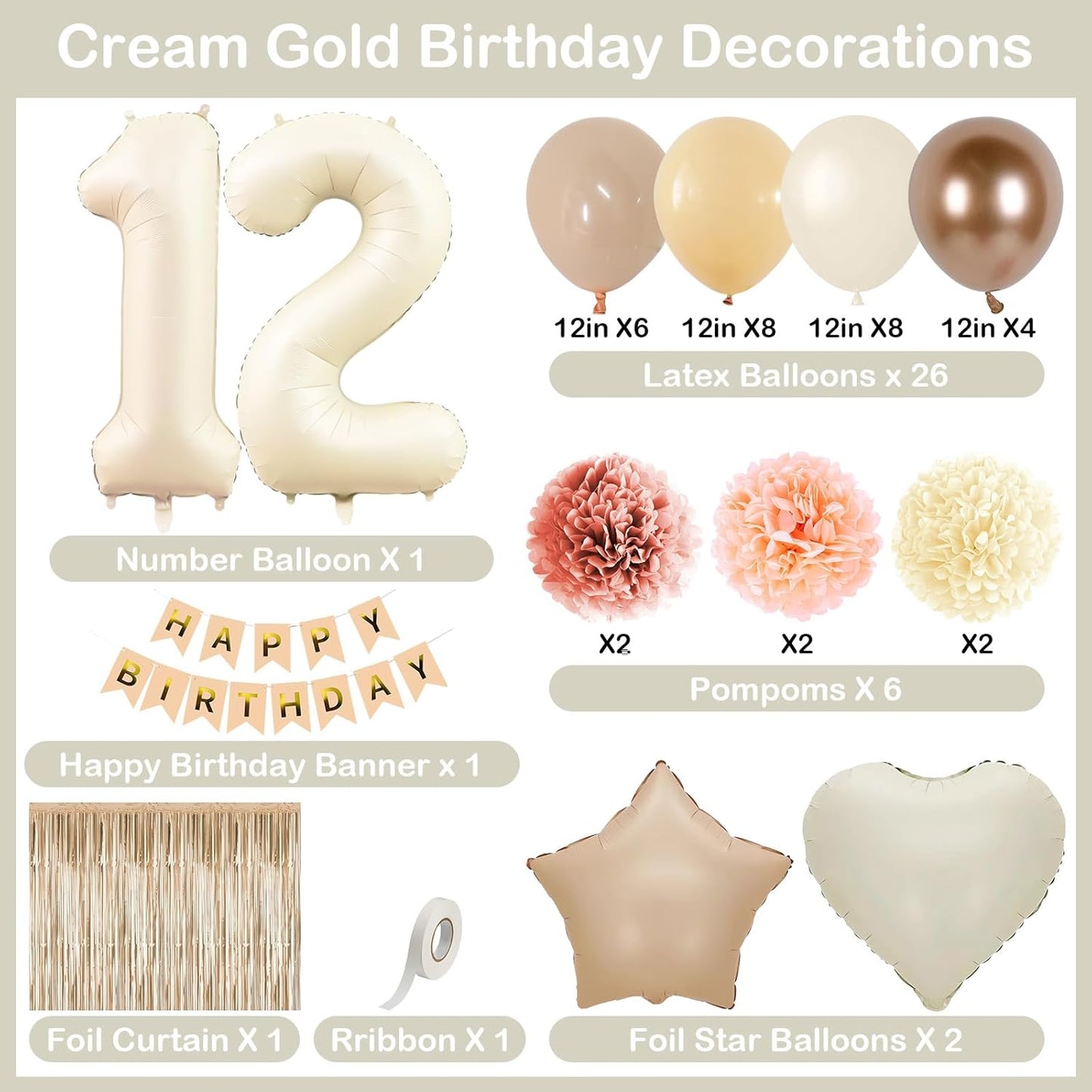 Beige 12th Birthday Decorations Girls Boys Cream Number 12 Balloon Nude Gold Happy Birthday Banner Fringe Curtain Paper Pom Poms Blush White Sand Champagne Star Foil Balloons Neutral Boho Party Decor