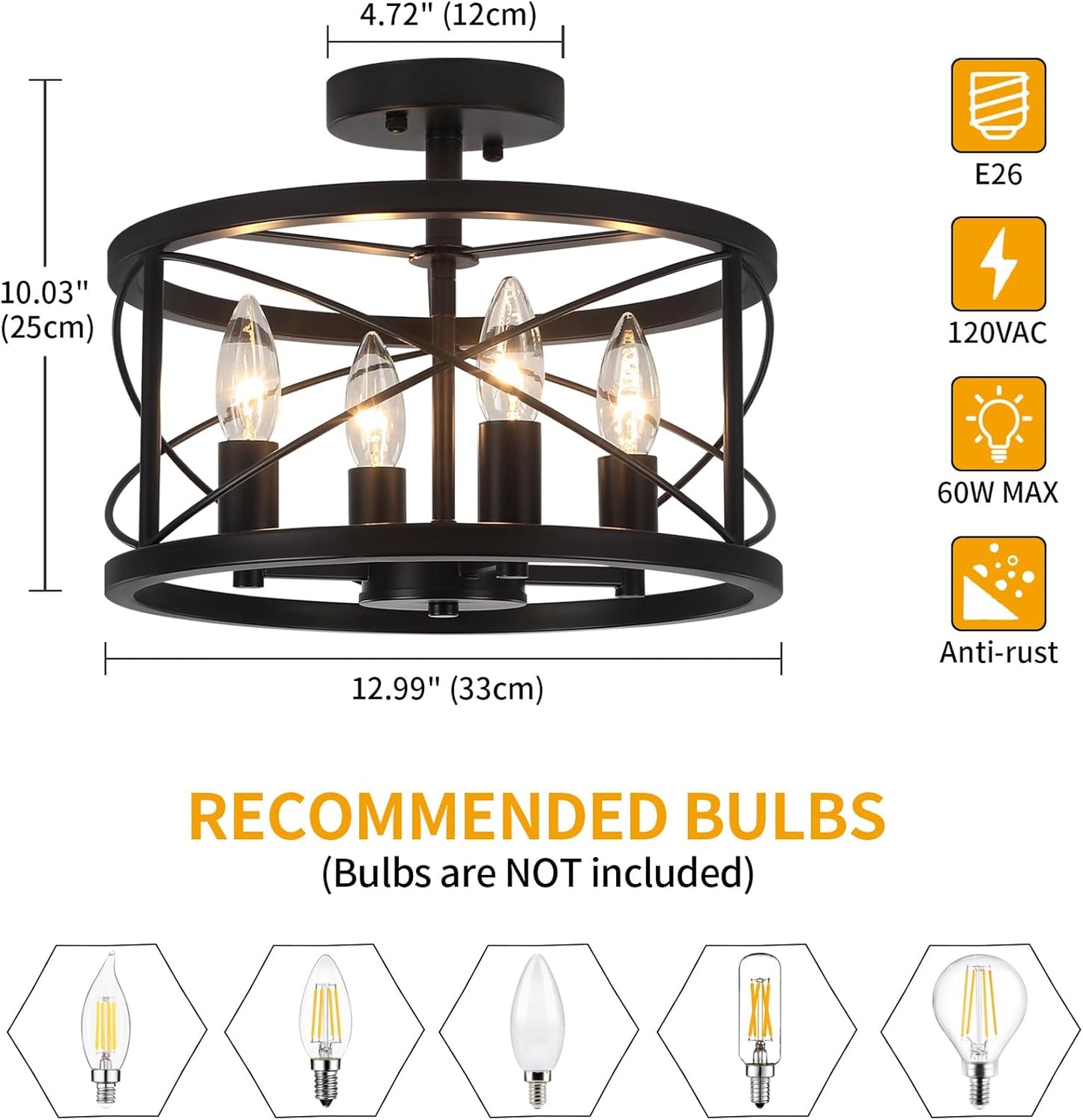 Black Semi Flush Mount Ceiling Light Fixture, 4-Light Farmhouse Modern Ceiling Light, Hallway Light Fixtures, Kitchen Lights, Ceiling Lamp for Entryway Dining Room Bedroom Laundry Lighting UL-Listed