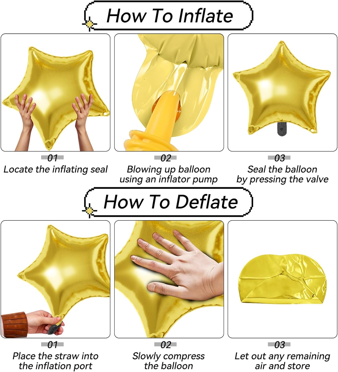 16 Pcs Gold Star Balloons, 22/18/10 Inch Foil Balloons, Four-Pointed Balloon for Kids Birthday Graduation Celebration Wedding Baby Shower 16 Pcs Decorations