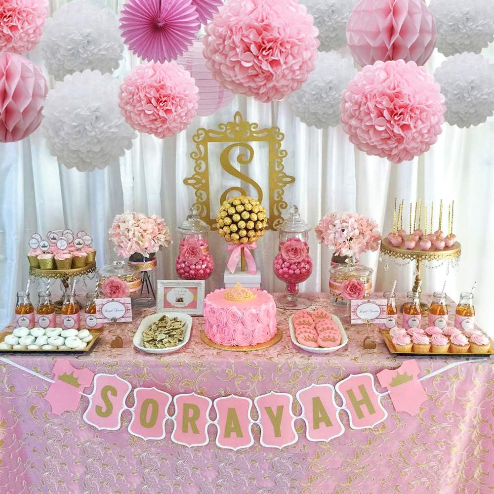 16pcs Pink Party Decorations Paper Pom Poms Honeycomb Balls Lanterns Tissue Fans for Birthday Wedding Baby Shower Graduation Valentine Party Supplies