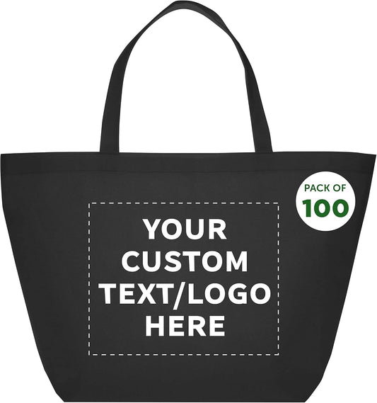 DISCOUNT PROMOS Custom Southern Style Grocery Tote Bags Set of 100 - Personalized Bulk Pack, Reusable Grocery & Shopping Bags - Great for Travel, Carry on Bag, Business Promotions - Black - 20"X13"X8"
