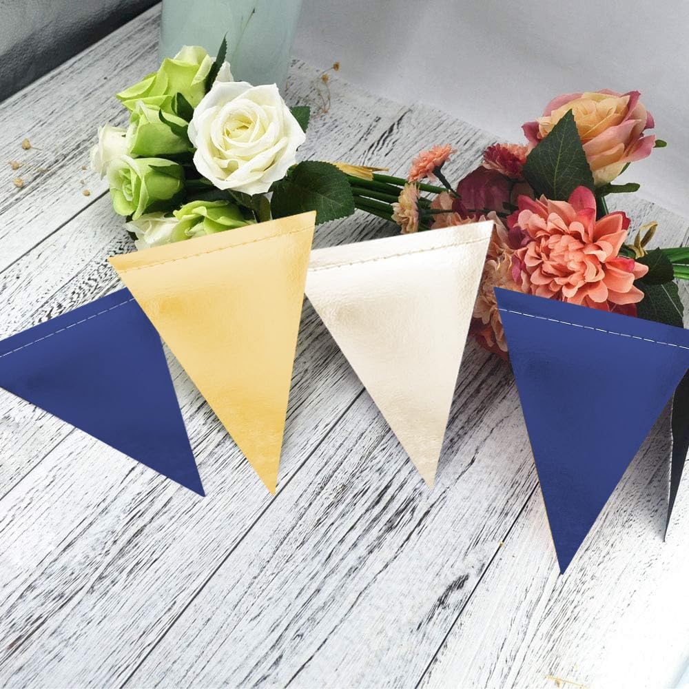 MerryNine Triangle Flag Bunting Banner, 3 Pack Vintage Style Pennant Banner for Wedding, Baby Shower, Event & Party Supplies 45pcs Flags (Navy Blue Gold Beige)