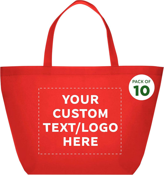 DISCOUNT PROMOS Custom Southern Style Grocery Tote Bags Set of 10 - Personalized Bulk Pack, Reusable Grocery & Shopping Bags - Great for Travel, Business Promotions, July 4th - Red - 20"X13"X8"