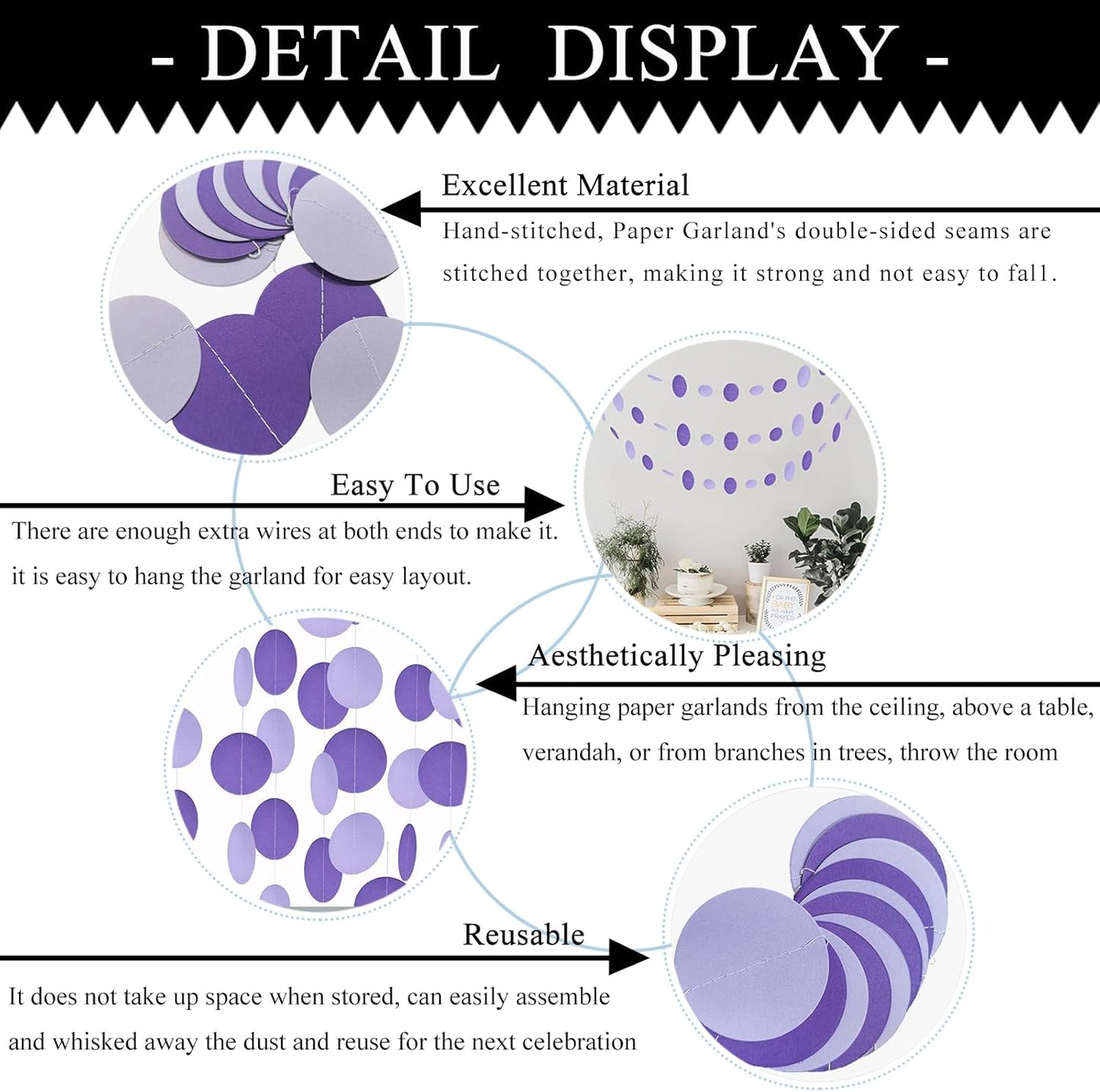 MerryNine Paper Garland 5 Pack, 50ft Glitter Paper Garland Circle Dots Hanging Decor, Banner for Baby Shower, Birthday, Nursery Party Decor (Purple)