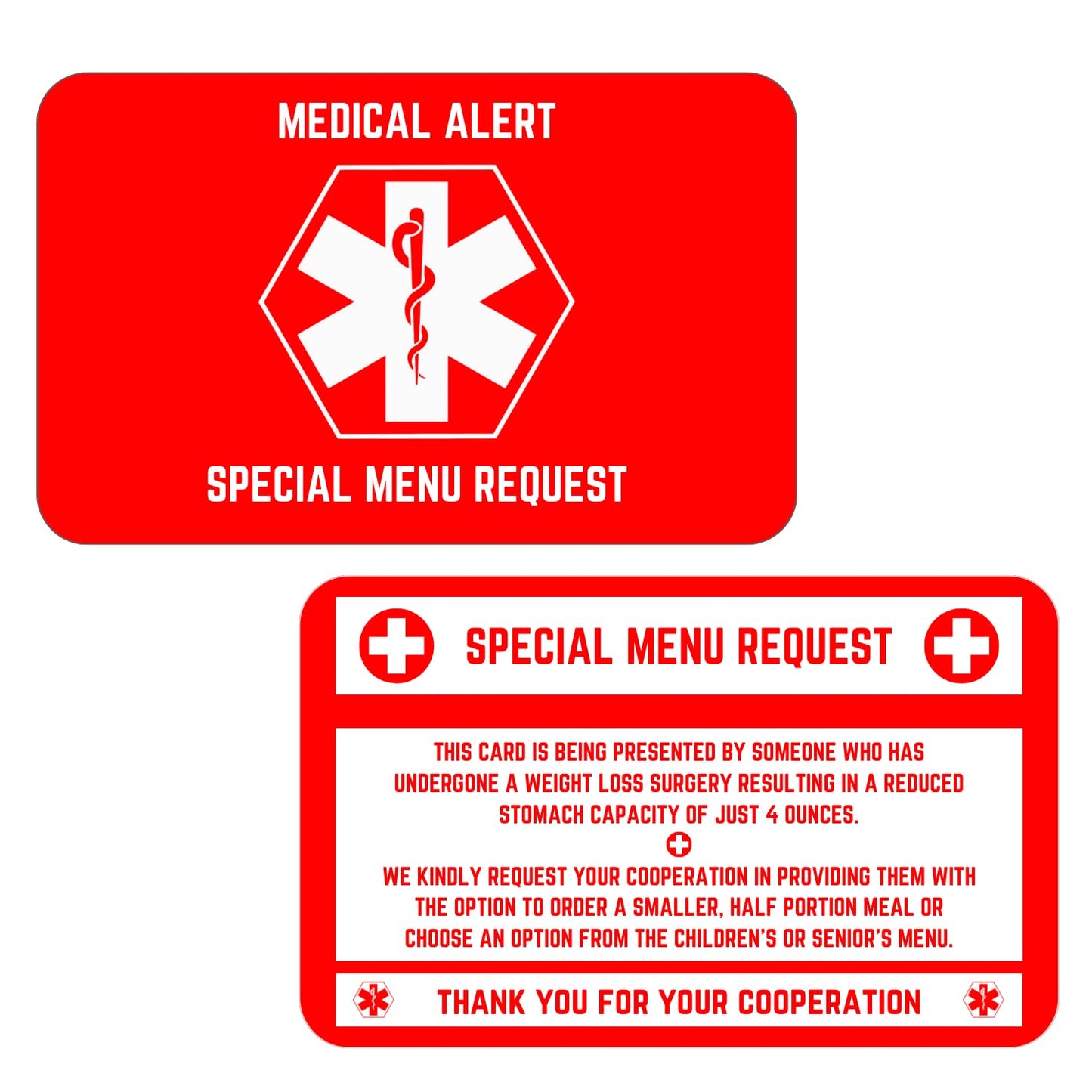 Bariatric Card for Restaurants, Special Menu Request Card, Portion Control Restaurant Request for Bariatric or Gastric Sleeve Patients, Wallet Sized, Set of 2 Cards (2, Red, 3.375in x 2.125in)