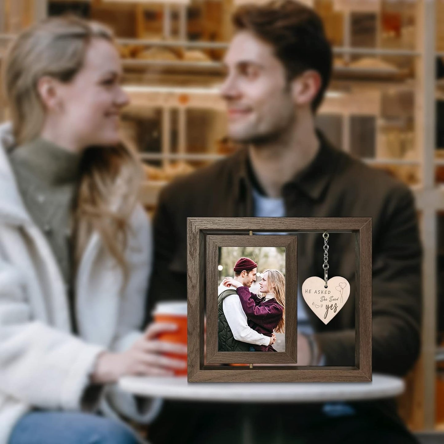 He Asked She Said Yes Engagement Gift Picture Frame, Wood Engagement Gifts for Couples Newly Engaged Unique, Display Two 4x6