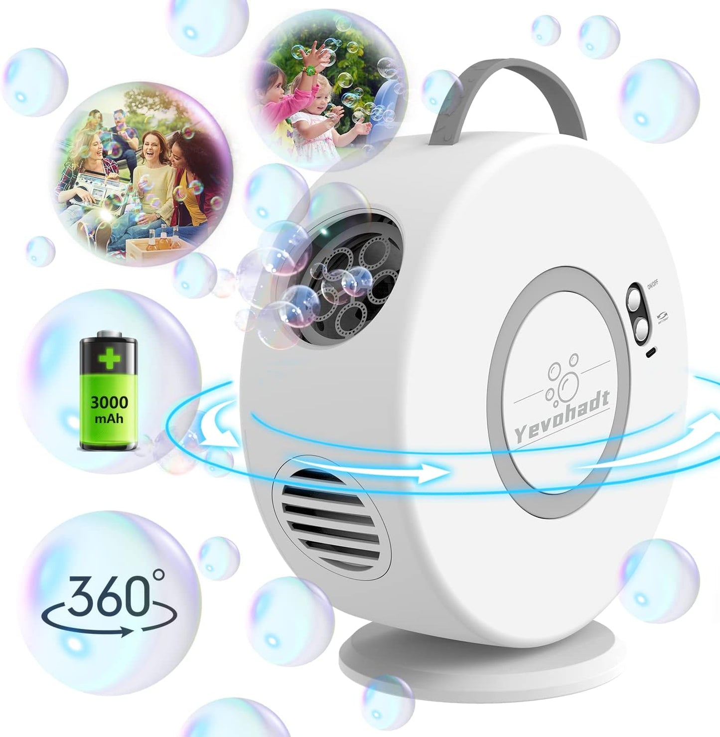 Bubble Machine for Kids Toddlers,Automatic Bubble Blower Rechargeable, 90° 360° Auto Rotatable Portable Bubble Maker Electric Bubbles Toy for 3 4 5 6 7 8 Year Old, Outdoor Wedding Party Gifts