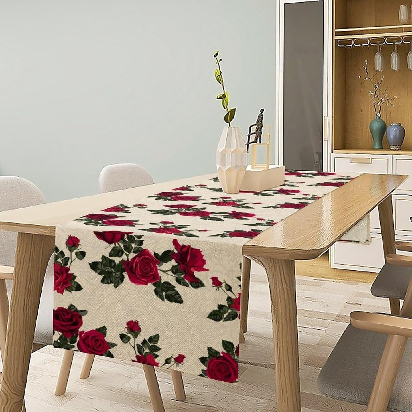 Vintage Rose Table Runner, Red Flowers Green Leaves Valentine's Day Table Runner for Kitchen Dinning Table Runner Decor Home Wedding Party Holiday, 13x36 Inch