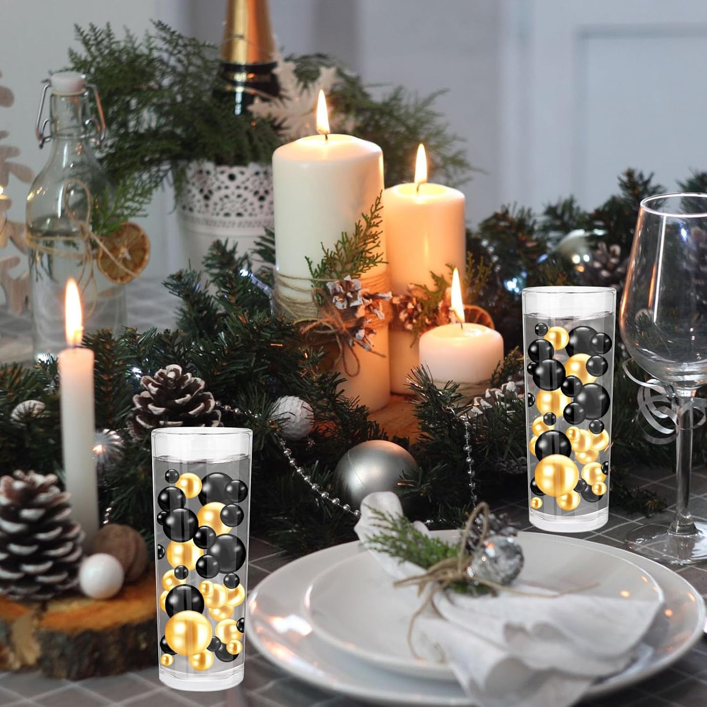 100PCS Black Gold Faux Pearls Beads for Centerpiece Vases, Vase Filler Faux Pearls, No Holes Filler Beads for Party Anniversary Graduation Table Decor, 14/20/30mm