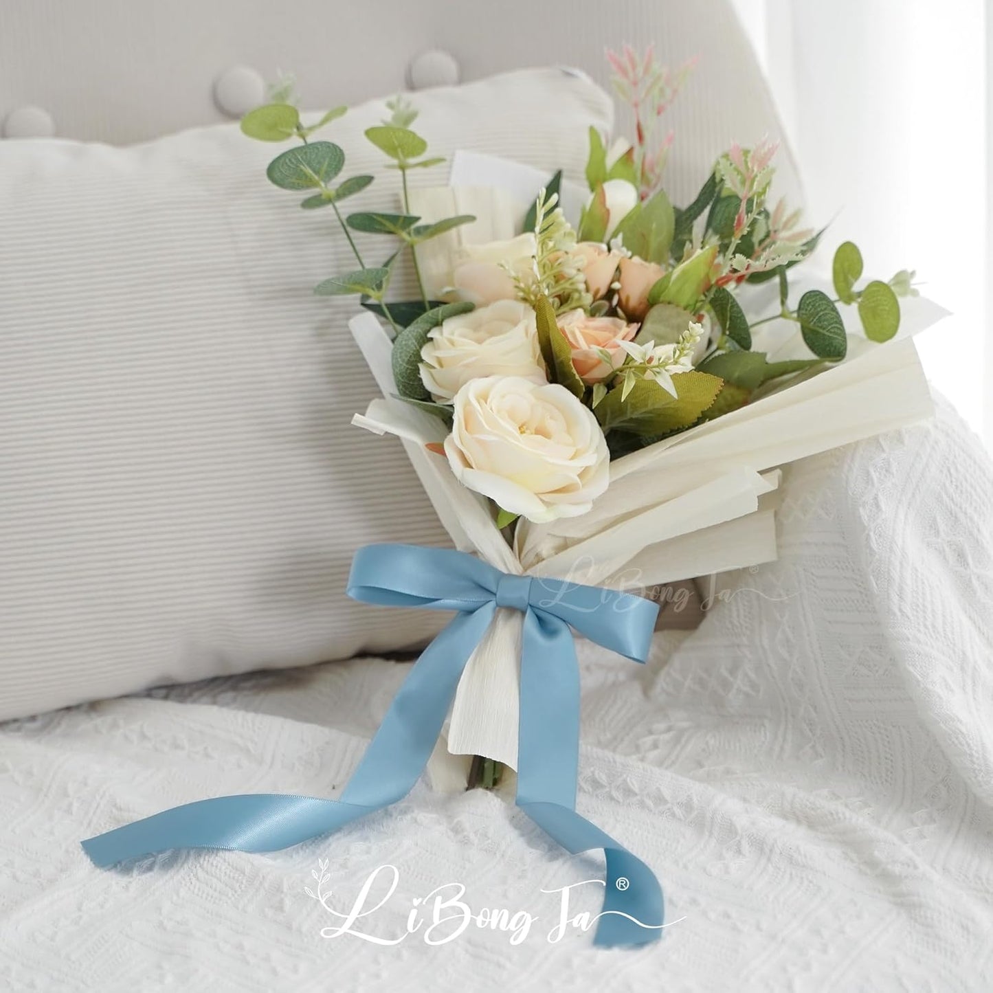 50 PCs Dusty Blue Bow Decor 5.5'' Satin Bows with Long Tail, Twist Tie Bows for Craft, Packaging Ribbon Bows, Premade Bows for Cake Decorating, Gift Bows for Treat, Wedding Favor, Party