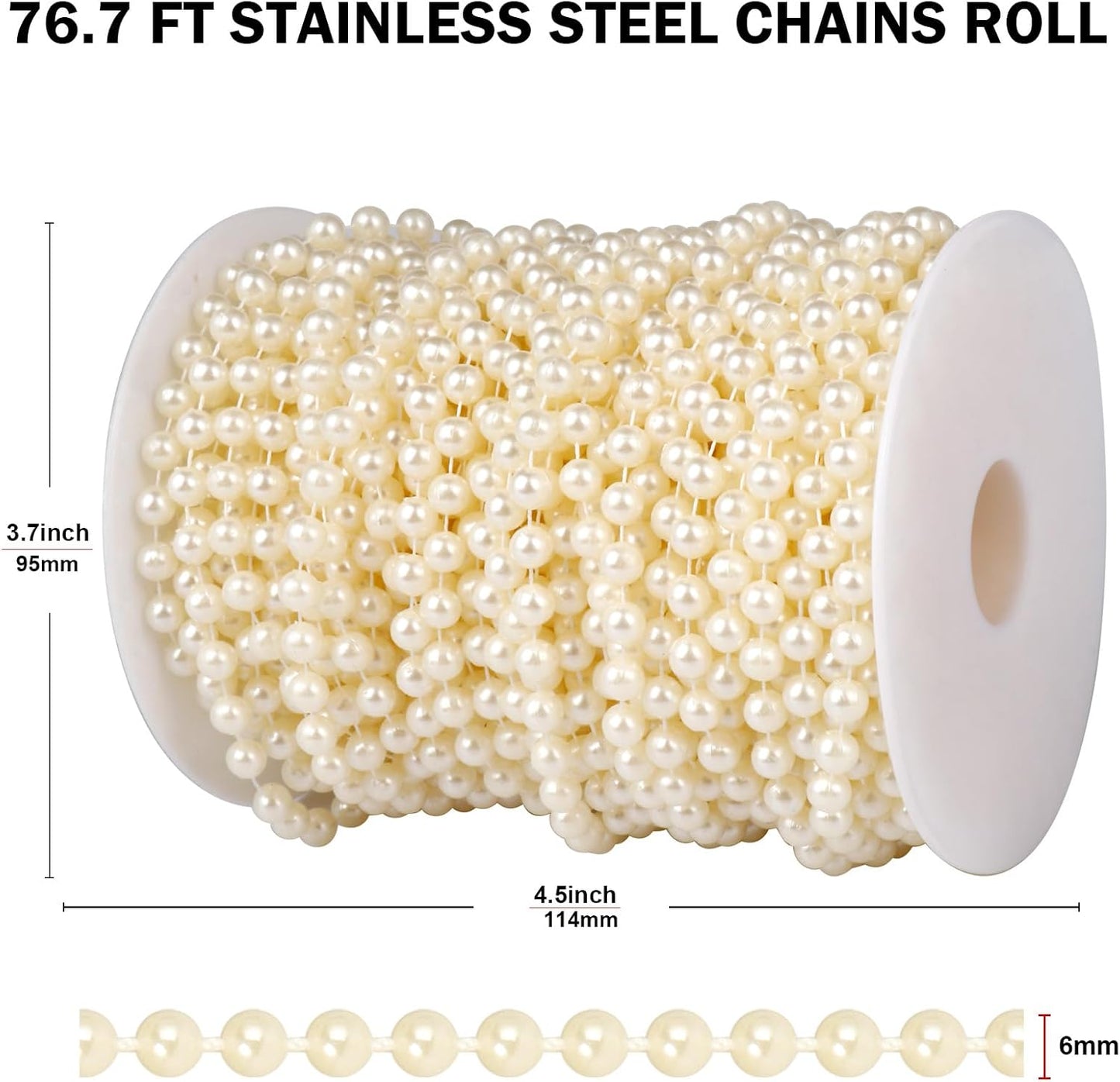 76.5 FT Pearl Beads Garland for Decoration, 6MM Craft Pearl Beads String Spool Ivory Color Faux Pearl Strand Roll for DIY Craft Wedding Party Christmas Tree Decoration