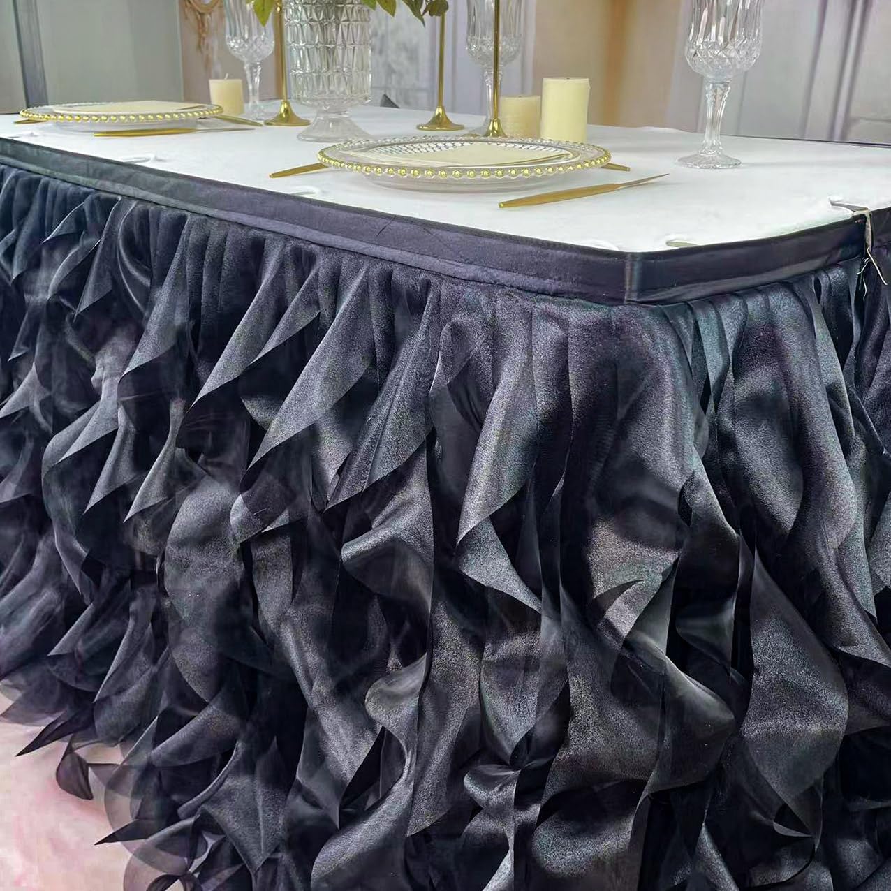 Luxury Organza Mesh Table Skirt Draping Floating Romance - Perfect for Bridal Showers, Birthday Weddings - Clear Flowing Decoration for a Wonderful Main Cake Table (Black-6ft, 72" L×30" H)