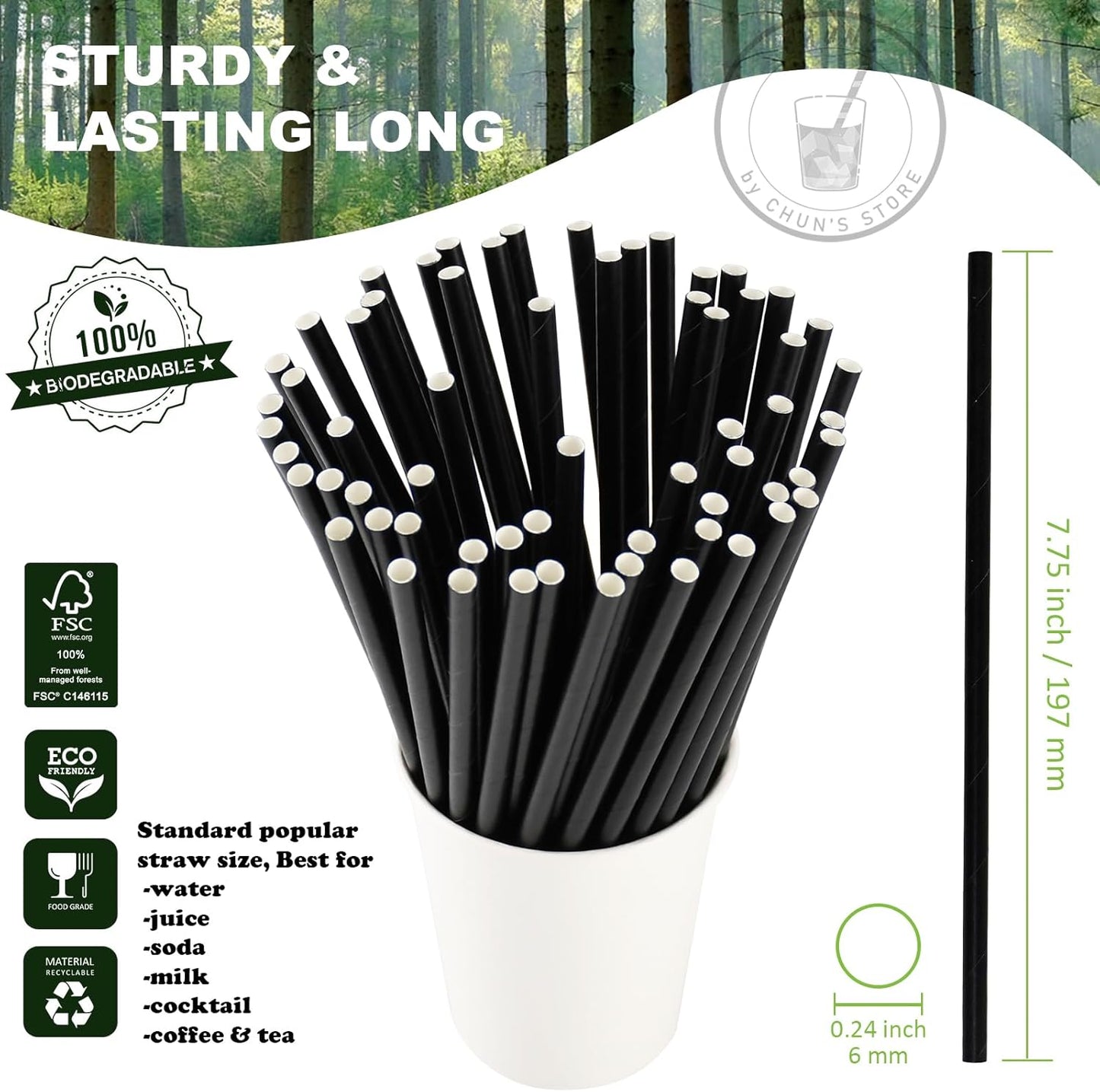 Black Paper Straws 1000 Count - 7.75" x 0.24", 100% Biodegradable & Compostable, Disposable Drinking Straws Bulk - Cocktail, Bars, Restaurants