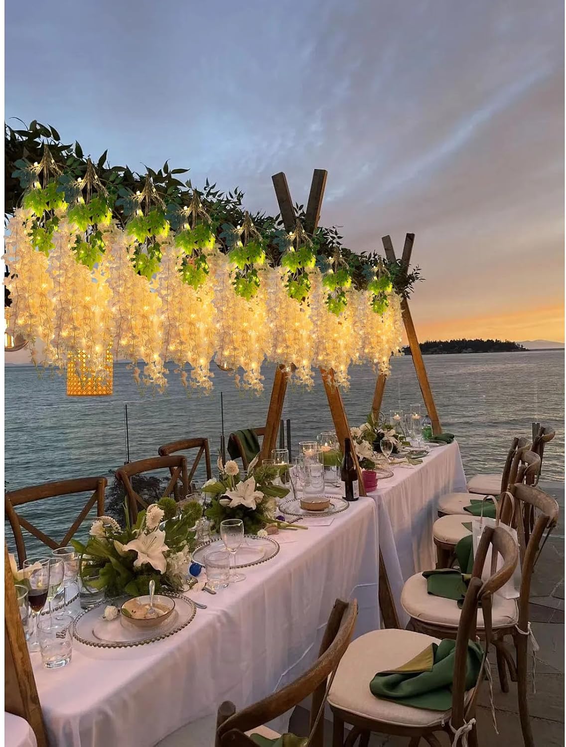 12 Pack Champagne Wisteria Hanging Flowers Garland with Lights, 3.44 Feet Artificial Flower Vines, Fake Wisteria, Artificial Vines Hanging Garland for Backdrop Outdoor Patio Garden Decor