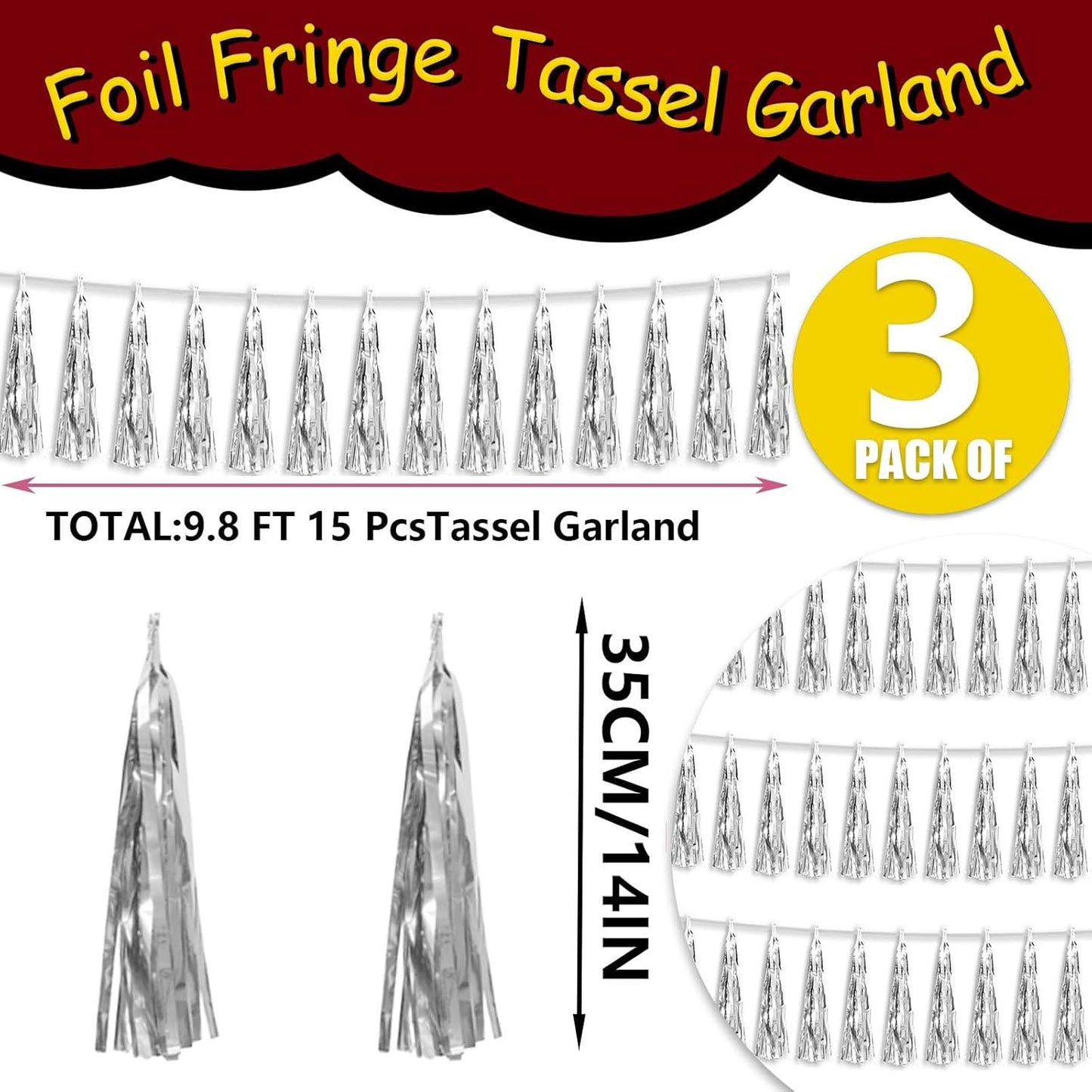 3P Metallic Fringe Tassel Banner Garland Foil Tinsel Streamer Wall Hanging Curtain Backdrop Banners for Parade Floats,Graduation Decorations, Christmas, Wedding Party Decoration(Silver)