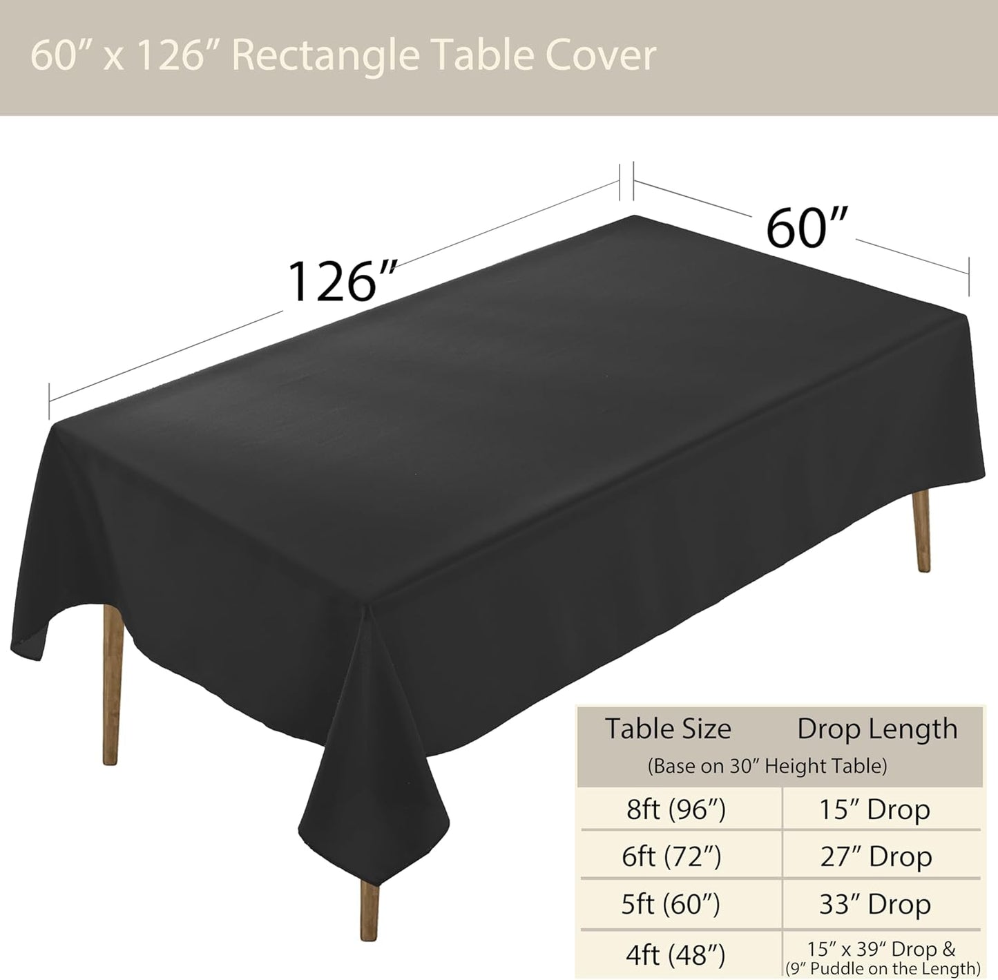 Craft And Party Rectangle Tablecloth, 60 x 126 Inch Black Tablecloth, 8ft Rectangle Table Cloth, Polyester Fabric Washable Tablecloth for Home, Party, Wedding or Restaurant Use.