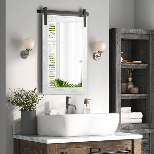 COGOOD Farmhouse Bathroom Mirror - 42 x 29 Rustic Barn Door Style Mirror for Living Room, Entryway, Vanity Wall Decor (White)