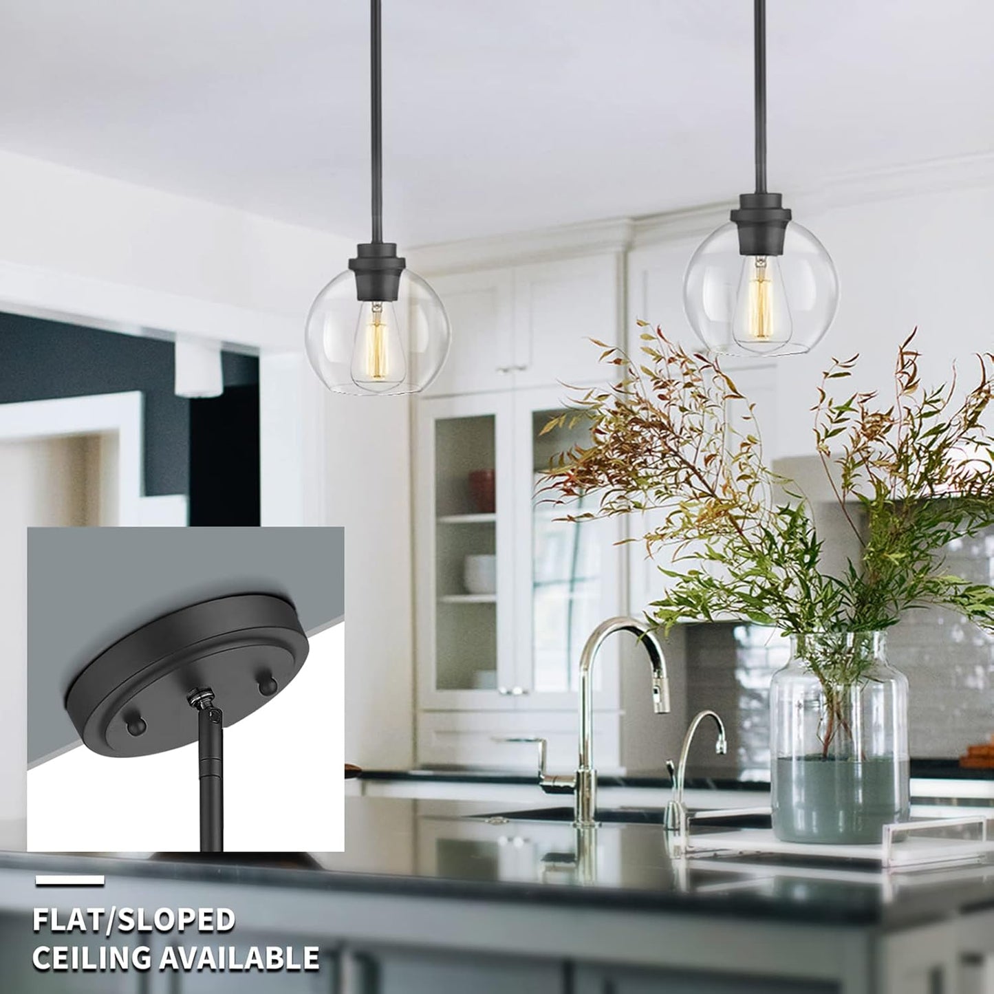 Pendant Light Fixtures,7 Inch Globe Black Pendant Lights Kitchen Island with Clear Glass, Modern Hanging Lights for Kitchen Island, Dining Room, Bedroom, Hallway, Farmhouse,1 Pack