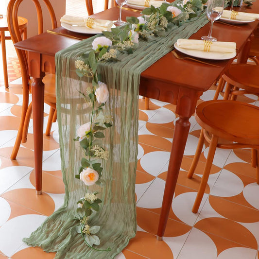 Snowkingdom Sage Green Cheesecloth Table Runner, 160 Inch 13 Ft Rustic Boho Sheer Gauze Cheese Cloth Runner for Wedding Bridal Baby Shower Birthday Home Party Table Centerpiece Deocrations