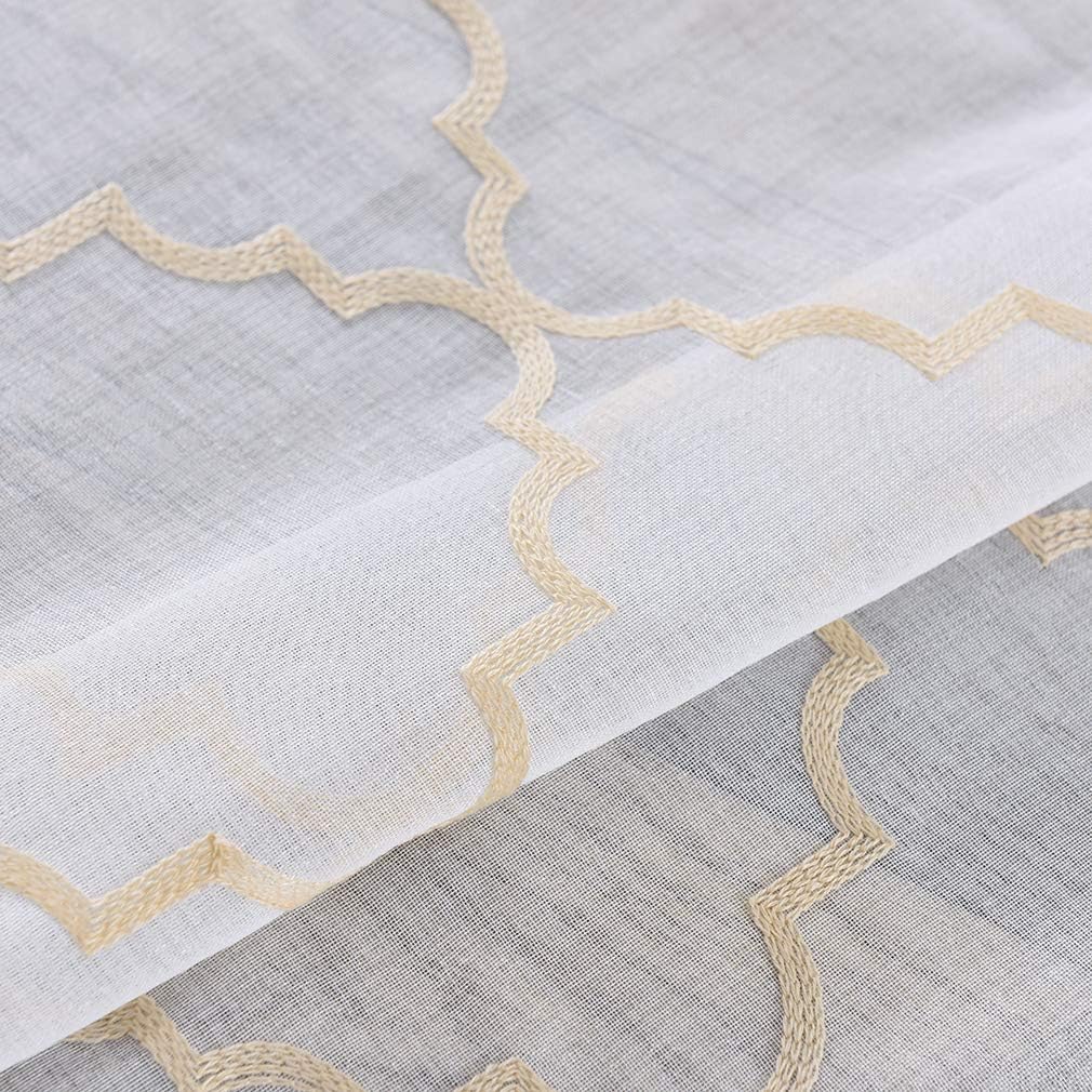 Embroidered Moroccan Tile Lattice Design Gold Sheer Curtains 84 Inch Long, Rod Pocket Sheer Drapes for Living room, Bedroom, 2 Panels, 52"x84", Semi Voile Window Treatments for Yard, Villa, Parlor.