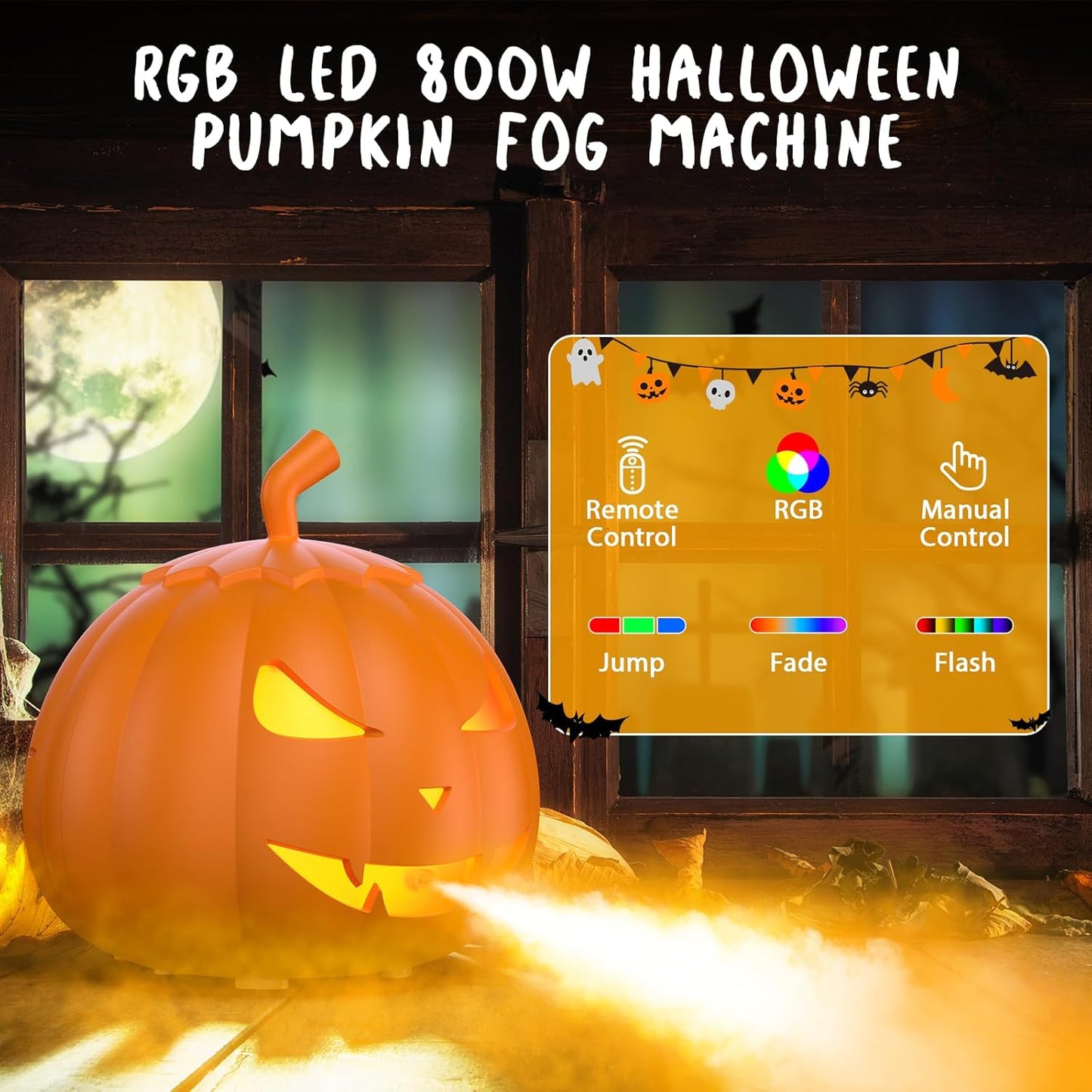 Fog Machine with LED RGB Lights, 800W Halloween Fog Machine with Remote Control, Pumpkin Smoke Machine 12 Colors Lighting Effect for Halloween Show Outdoor Camping Halloween Decorations